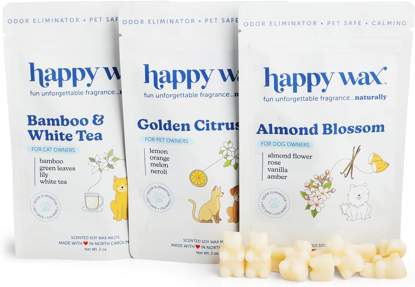 Happy Wax Pet Scents Collection: Pet Safe, Odor Eliminating, Non-Toxic Scented Soy Wax Melts – Total 6oz Variety Pack: Bamboo & White Tea, Golden Citrus, and Almond Blossom