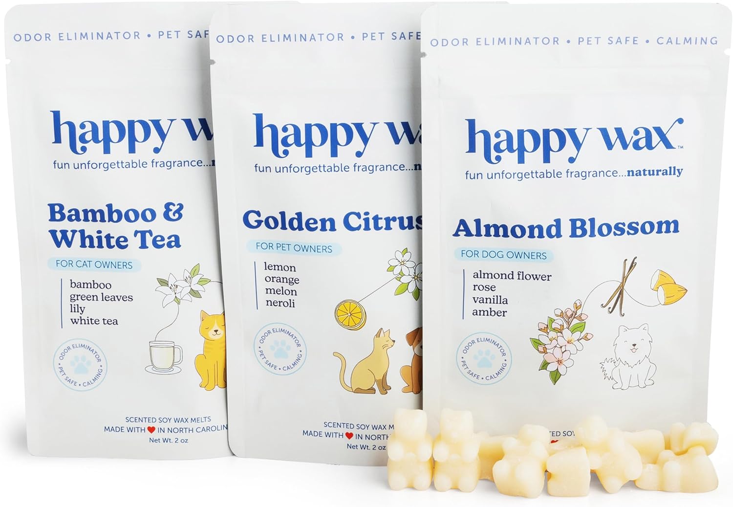 Happy Wax Pet Scents Collection: Pet Safe, Odor Eliminating, Non-Toxic Scented Soy Wax Melts – Total 6oz Variety Pack: Bamboo & White Tea, Golden Citrus, and Almond Blossom