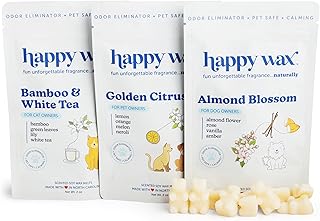 Happy Wax Pet Scents Collection: Pet Safe, Odor Eliminating, Non-Toxic Scented Soy Wax Melts – Total 6oz Variety Pack: Bamboo & White Tea, Golden Citrus, and Almond Blossom