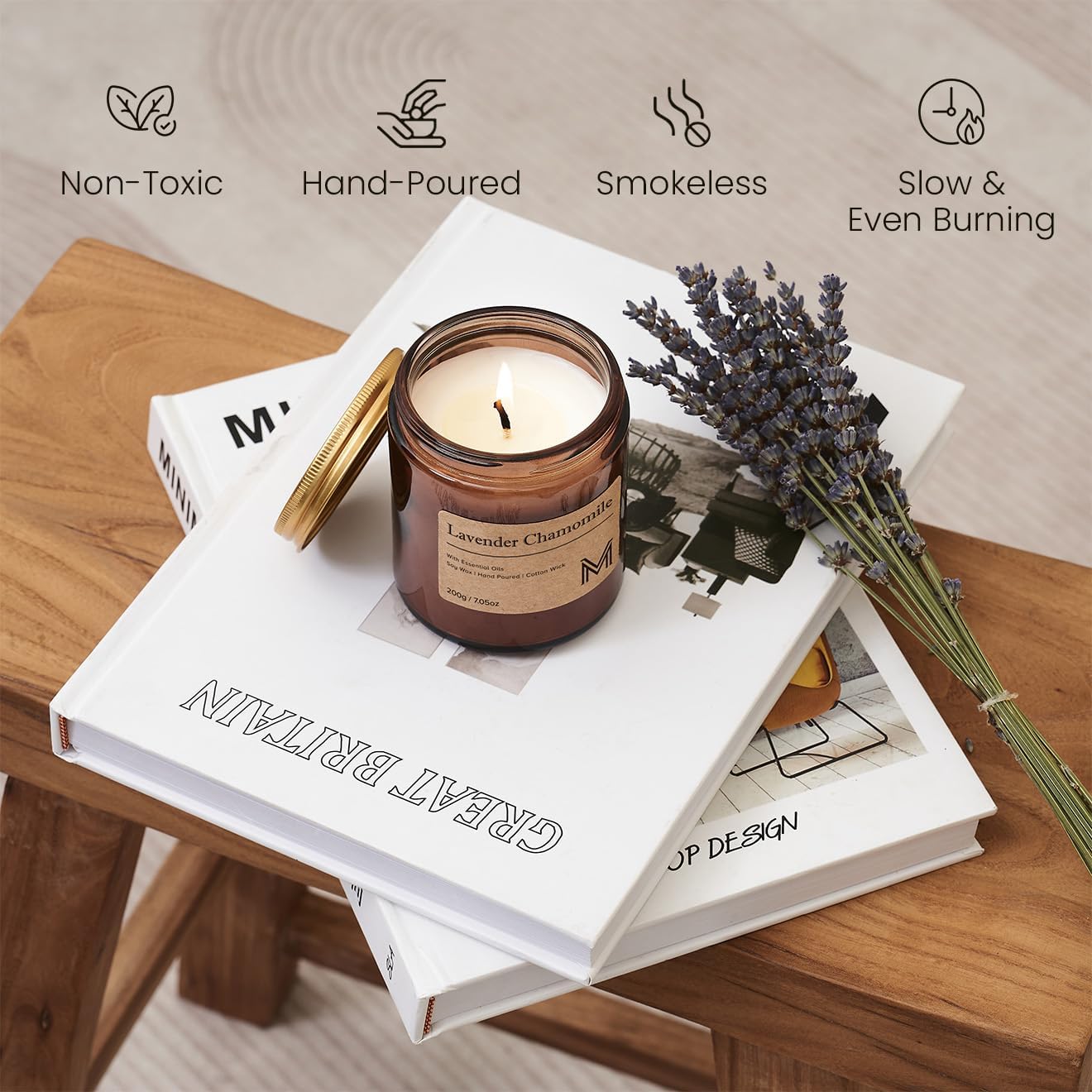 M&SENSE Lavender Chamomile Scented Small Candle, 7.5Oz Aromatherapy Candle for Home Fragrance, Soy Wax Candles Gift for Birthday, Housewarming, Amber Jar Candle for Stress Relief, Meditation, Yoga