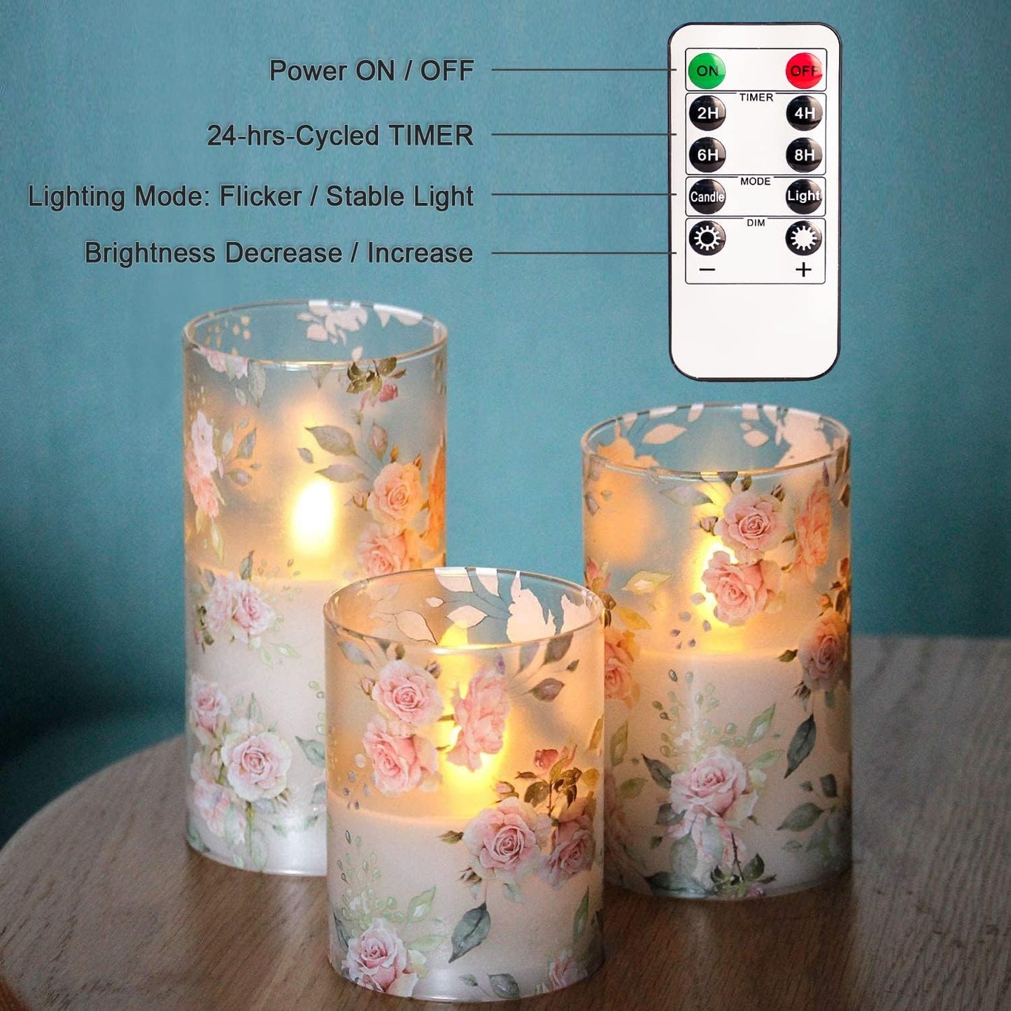 Rose Flameless Candles Love Theme Battery Operated Glass Flickering LED Candle with Remote Pink Flower Decal Realistic Pillar Candles Bedroom Home Decor Table Ornament