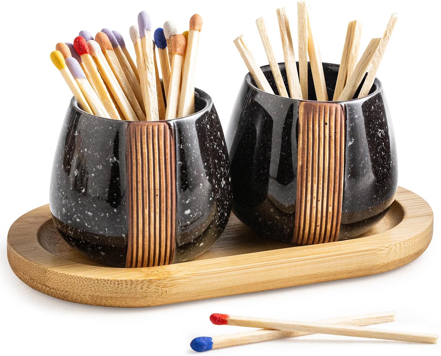Zoeeker Set of 2 Ceramic Match Holders with Striker - Wooden Tray Matchstick Container Set for Christmas Bathrooms, Cafes & Modern Homes- Matches NOT Included, Black