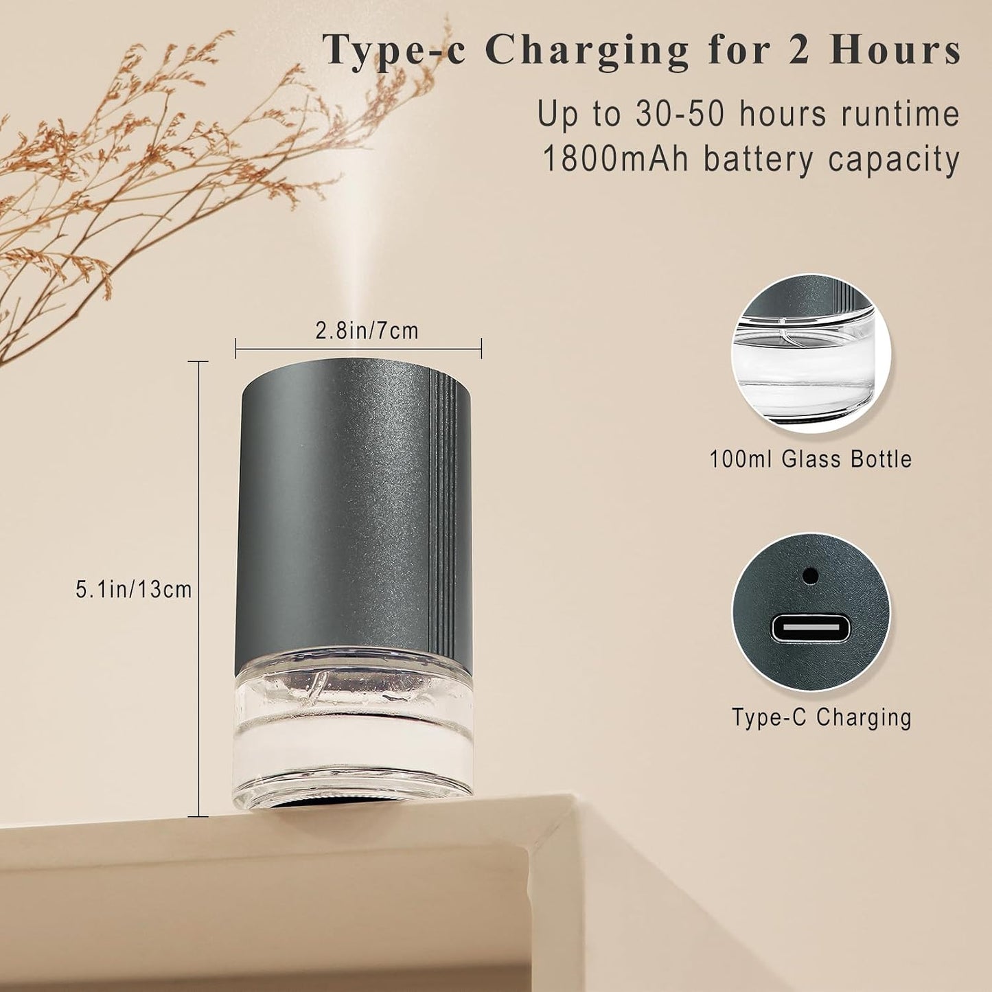 Essential Oil Diffuser, Waterless Scent Diffusers for Home, 100ml Capacity Atomizing Humidifier, Rechargeable Air Freshener Machine with 7-Color Ambient Light for Car Office (Grey)