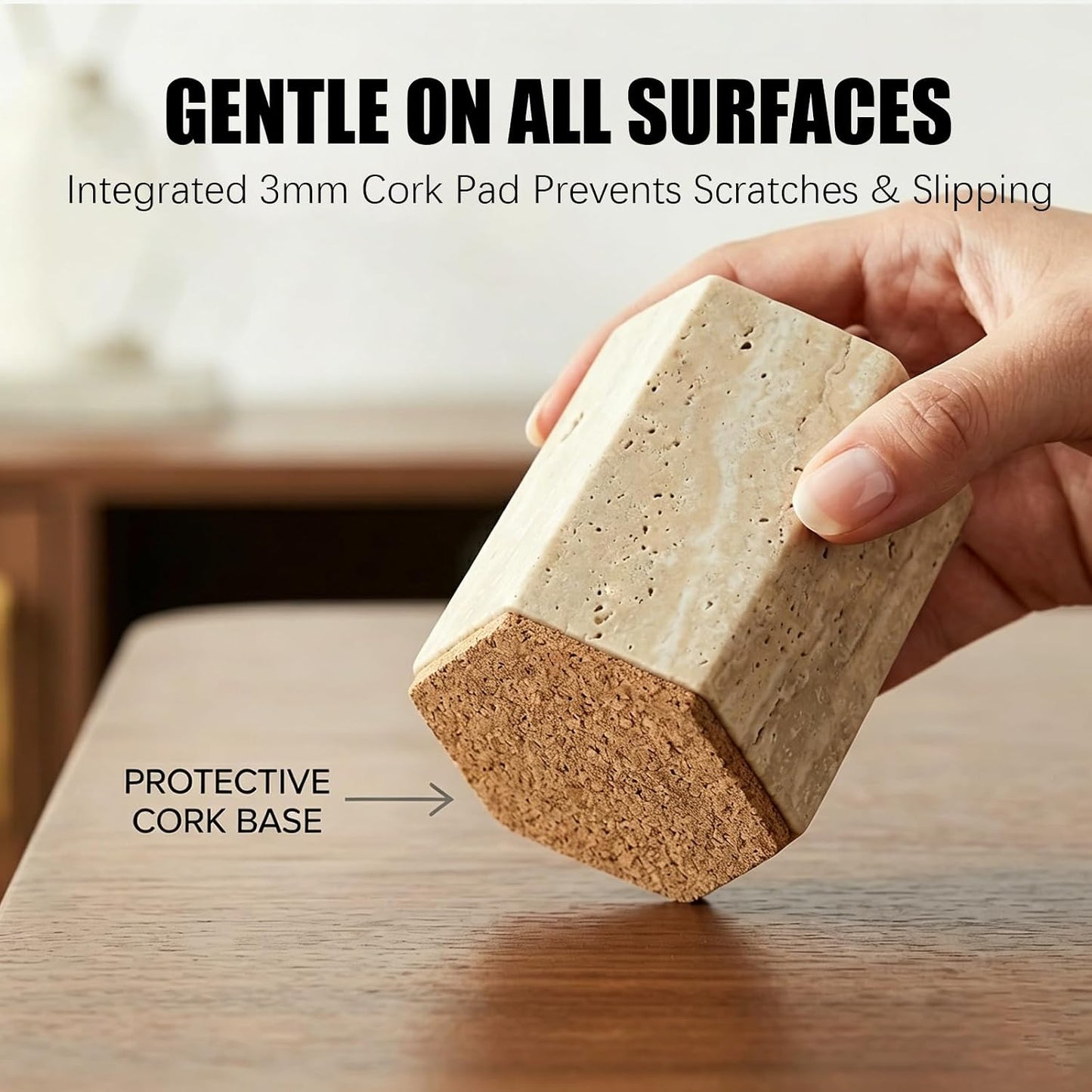 Hexagonal Travertine Match Holder with Striker, Luxury Natural Stone Matches Jar with Cork Base, Decorative Matchstick Holder for Candle & Fireplace - Unique Housewarming Gift, Matches Not Included