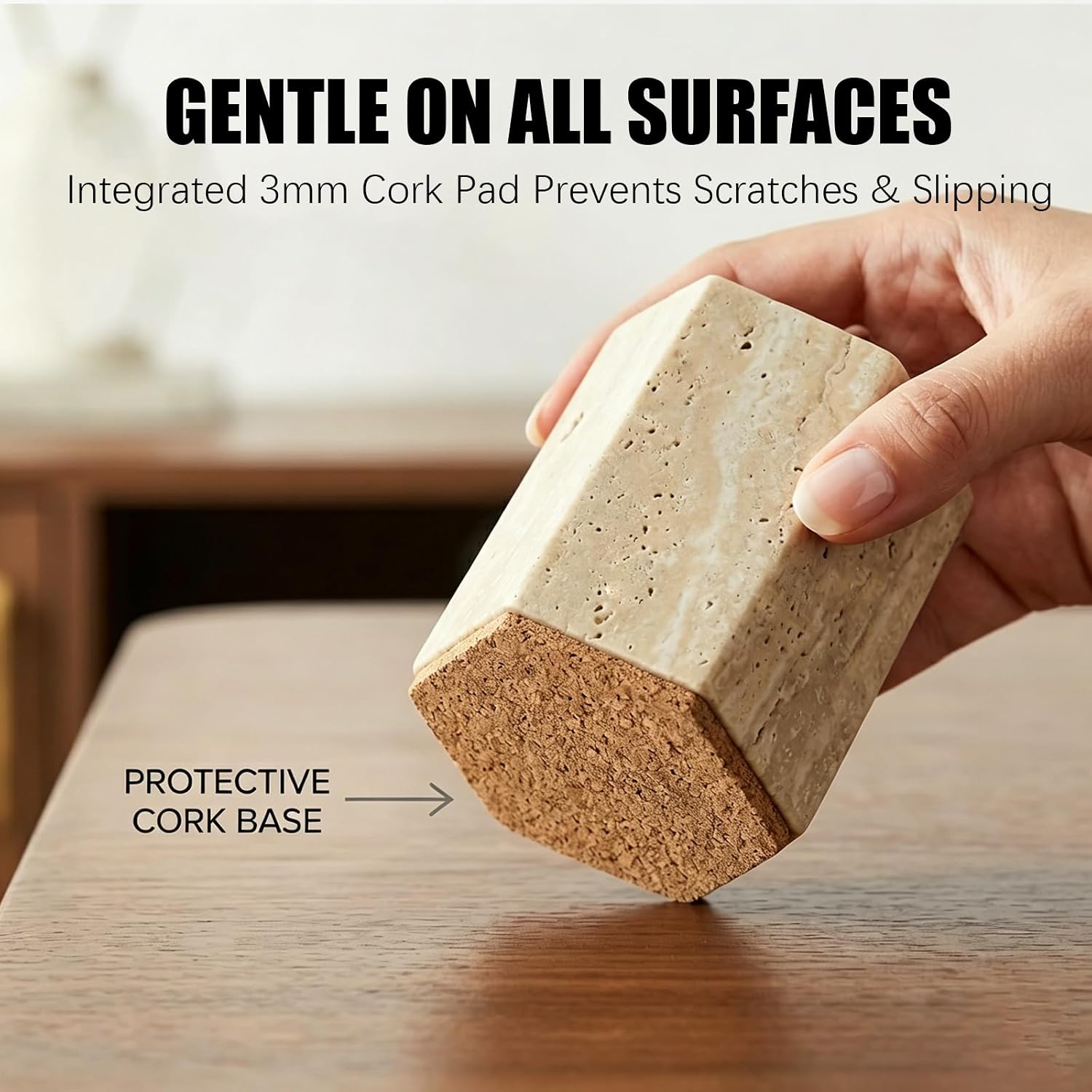 Hexagonal Travertine Match Holder with Striker, Luxury Natural Stone Matches Jar with Cork Base, Decorative Matchstick Holder for Candle & Fireplace - Unique Housewarming Gift, Matches Not Included