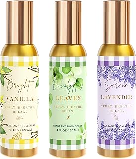 Room Spray, Bright Vanilla, Eucalyptus leaves, Serene Lavender, 3 Pack, Each 4 fl oz, Air Freshener for Home, Long-Lasting Odor Eliminator for Bathroom and Office