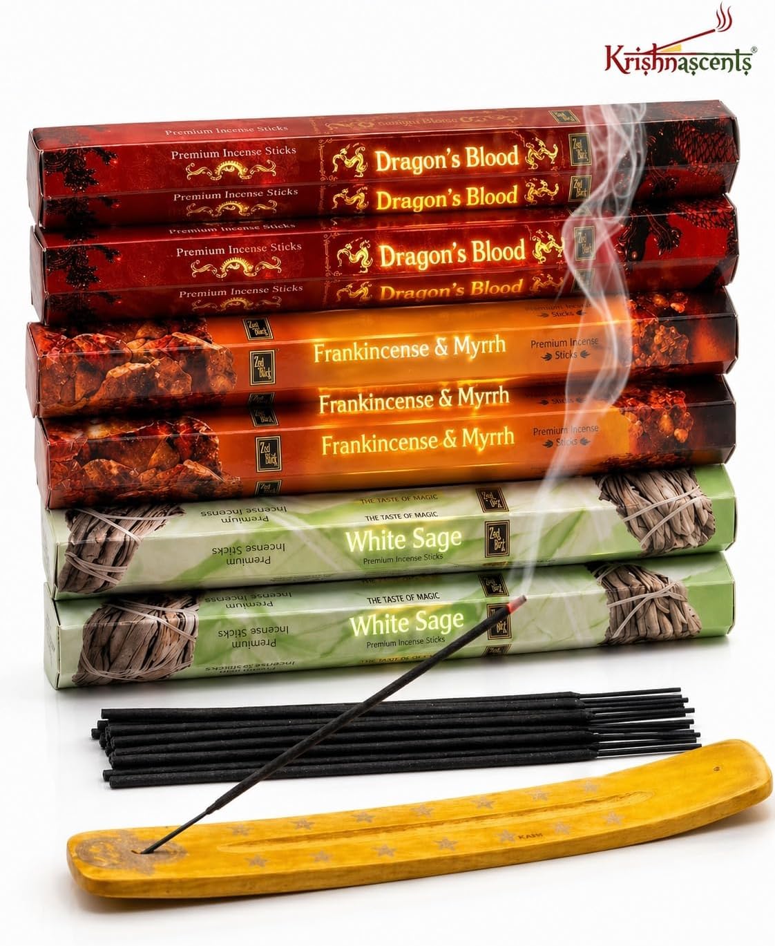 Incense Sticks Variety Pack | Dragon’s Blood, Frankincense & Myrrh & White Sage -120 Sticks | with Free Wooden Holder | Smudging Kit for Home Fragrance, Meditation & Yoga | Krishnascents