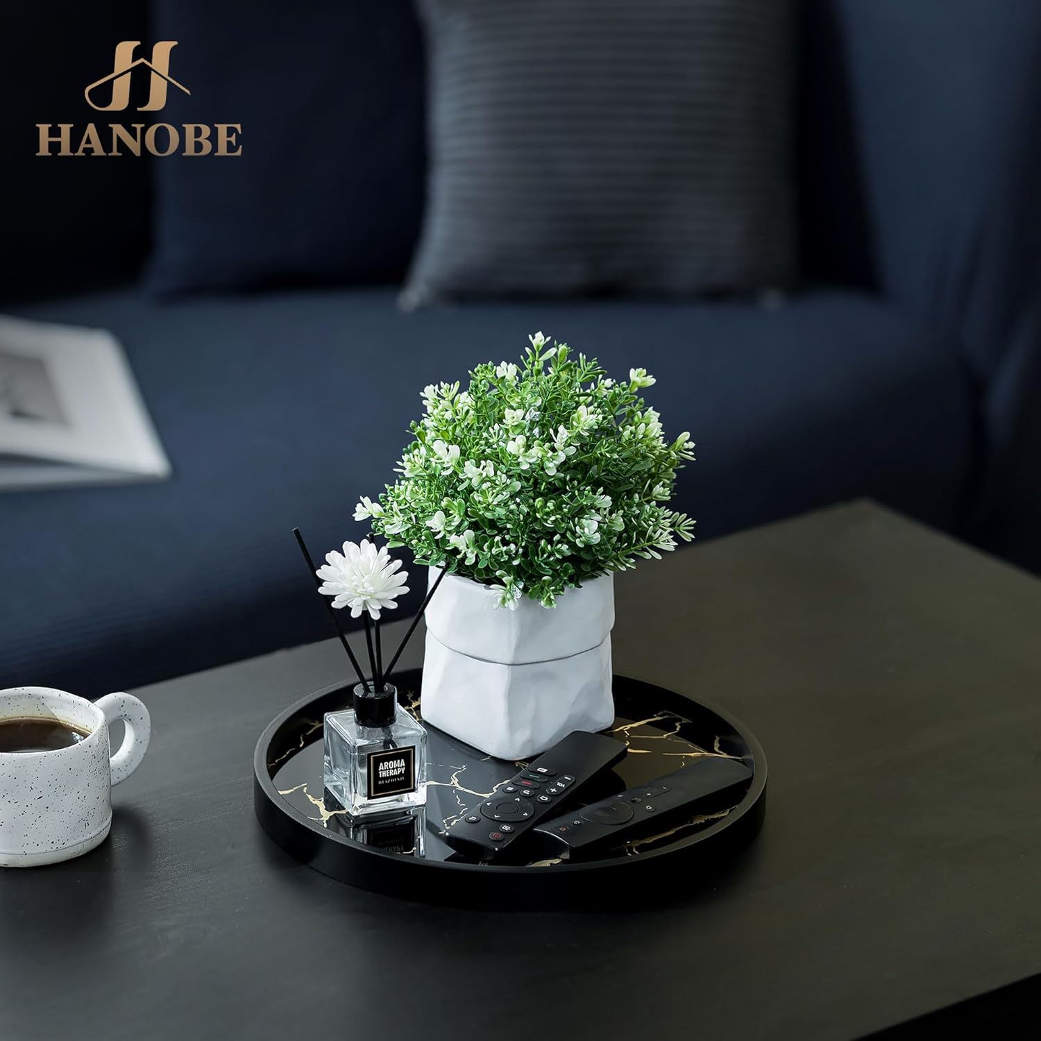 Hanobe Decorative Tray for Home Decor: Black Imitation Marble Round Serving Tray 11.8" Modern Coffee Table Centerpiece for Display Bar Table Living Room Entryway Kitchen Corner