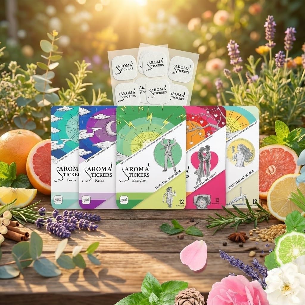 AROMA STICKERS® Original Blend Edition All in One - 100% Natural Essential Oil Scented - Aromatherapy Sticker Diffuser for Relaxation & Energy Boost (Pack of 5, 12 Stickers/Pack, 60 Stickers Total)