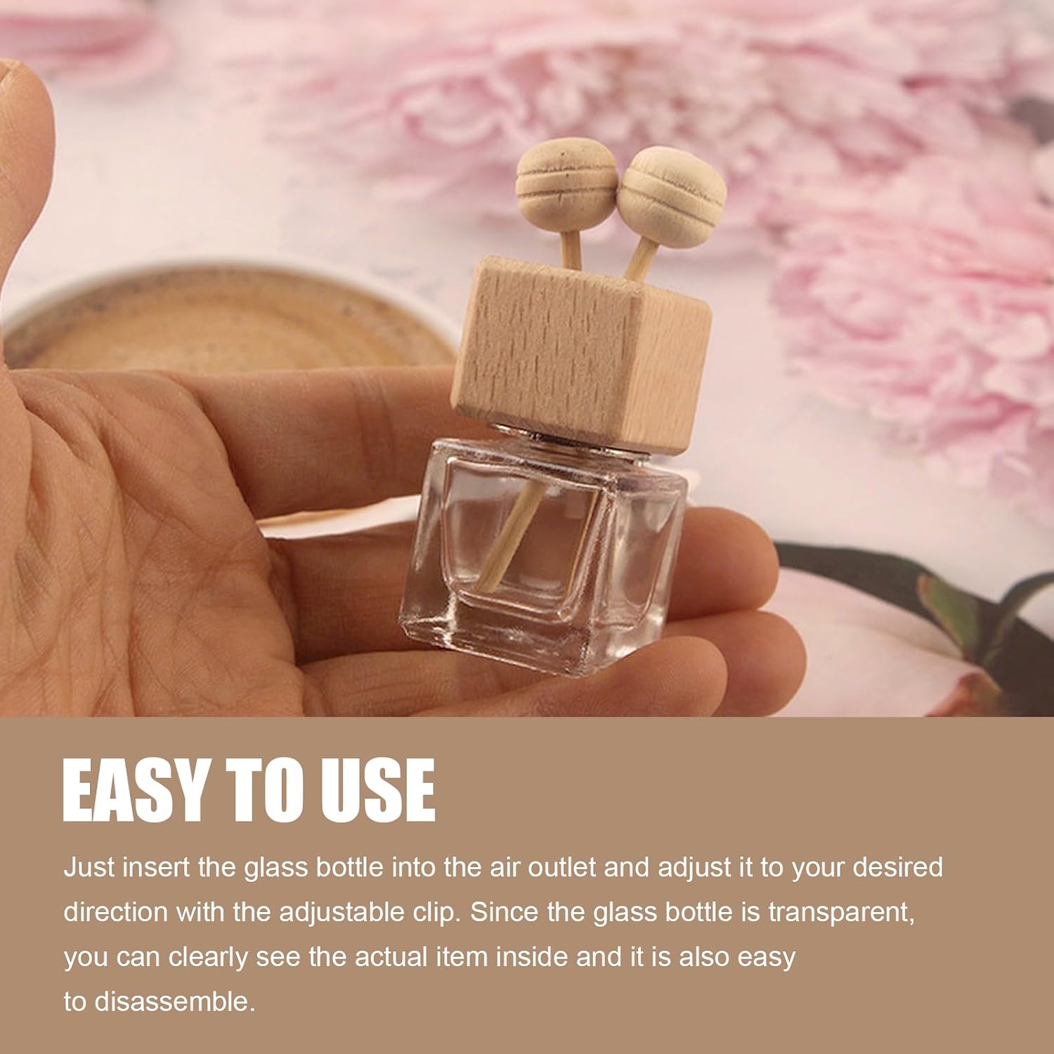2 PCS Car Diffuser Air Freshener Bottles, Refillable Empty Glass Essential Oil Diffuser Vent Clip & Wooden Caps Sticks, Universal Aromatherapy Diffusers for Most Vehicles (Square)