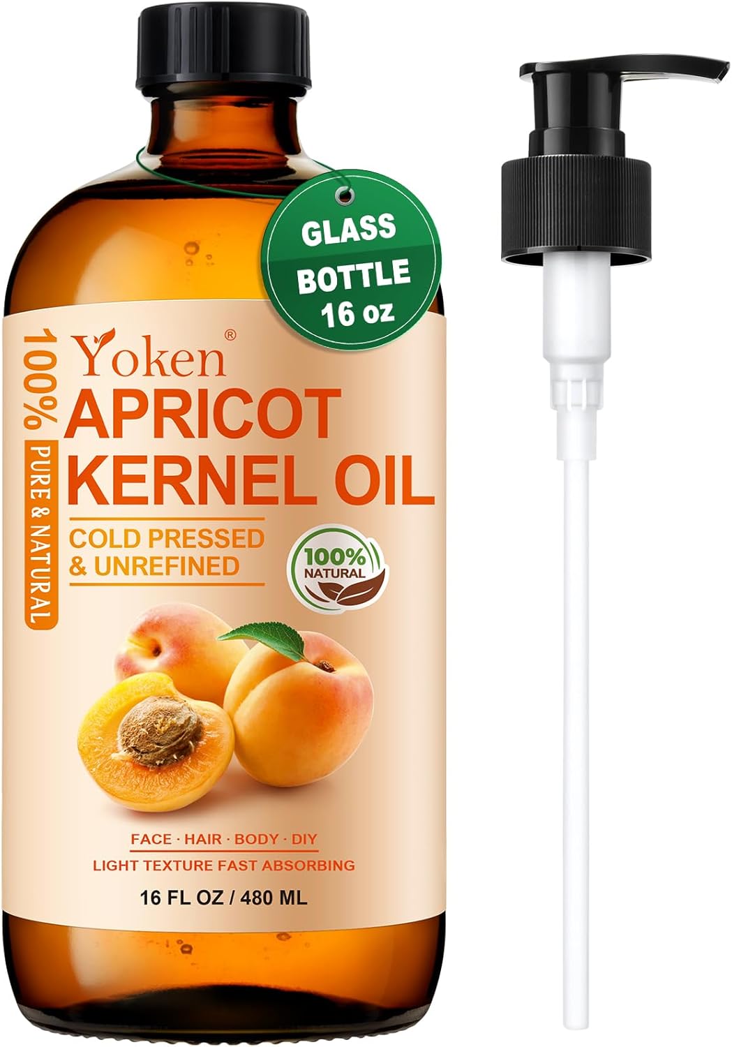 Yoken Cold Pressed Apricot Kernel Oil 16 fl oz Glass Bottle - Single Ingredient 100% Pure and Natural Apricot Oil, Lightweight Carrier & Massage Oil for Skin & Hair, Unscented & Hexane Free