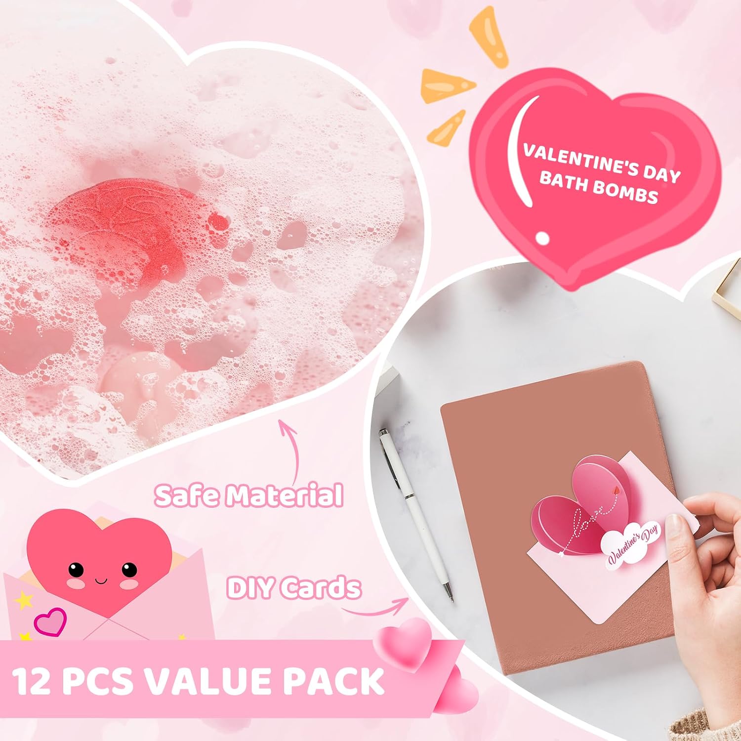 Valentine's Day Bath Bombs,12PCS Colorful Love Shape Bath Bomb Sets,Valentine's Day Gifts Bath Bombs for Women Girl Mom
