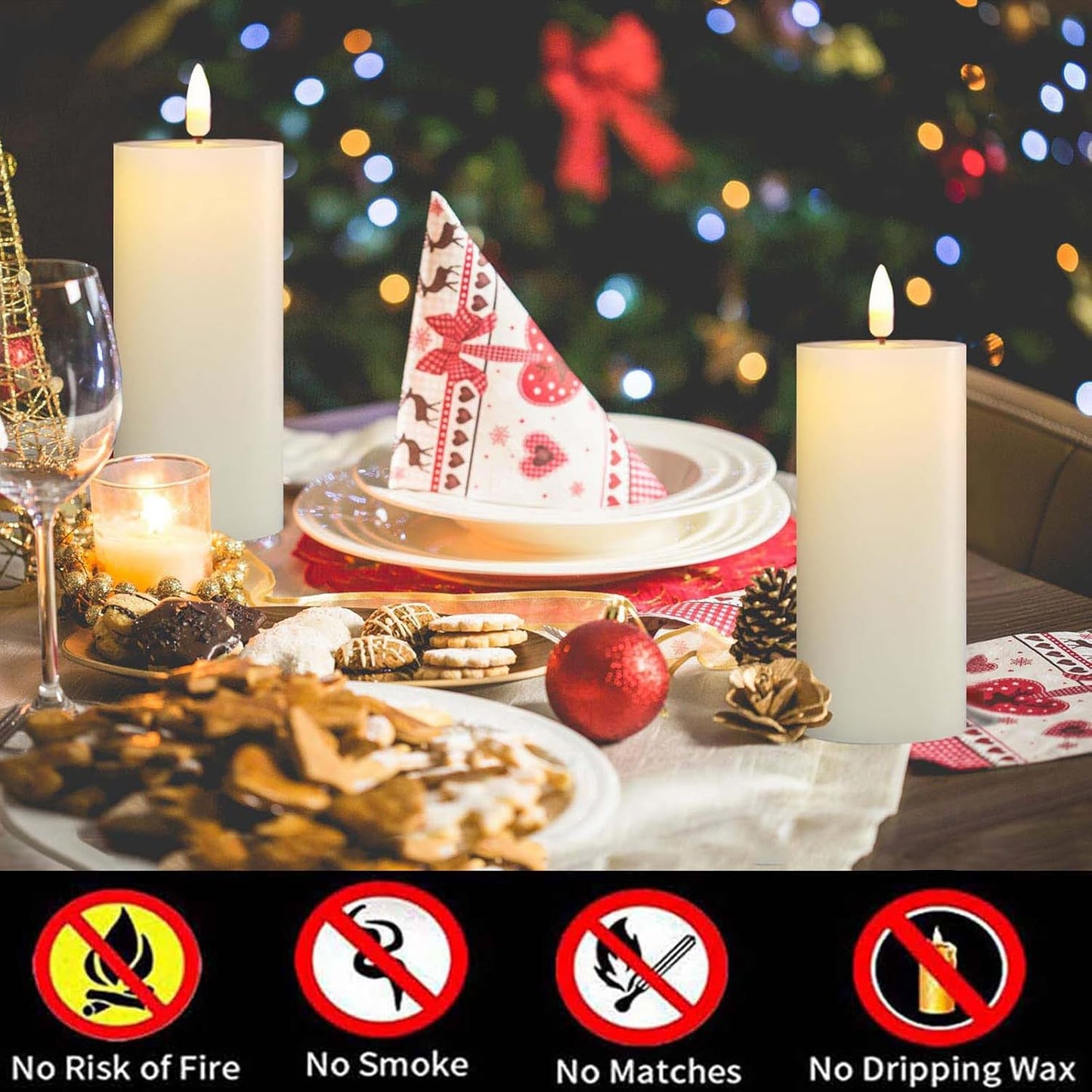 volnyus Flameless Candles Set of 2 (2.2x5 Inch) Flickering LED Wax Candles Battery Operated with Remote Control Timers for Fireplace Bedroom Livingroom Party Dimmable Ivory Pillars Flat top