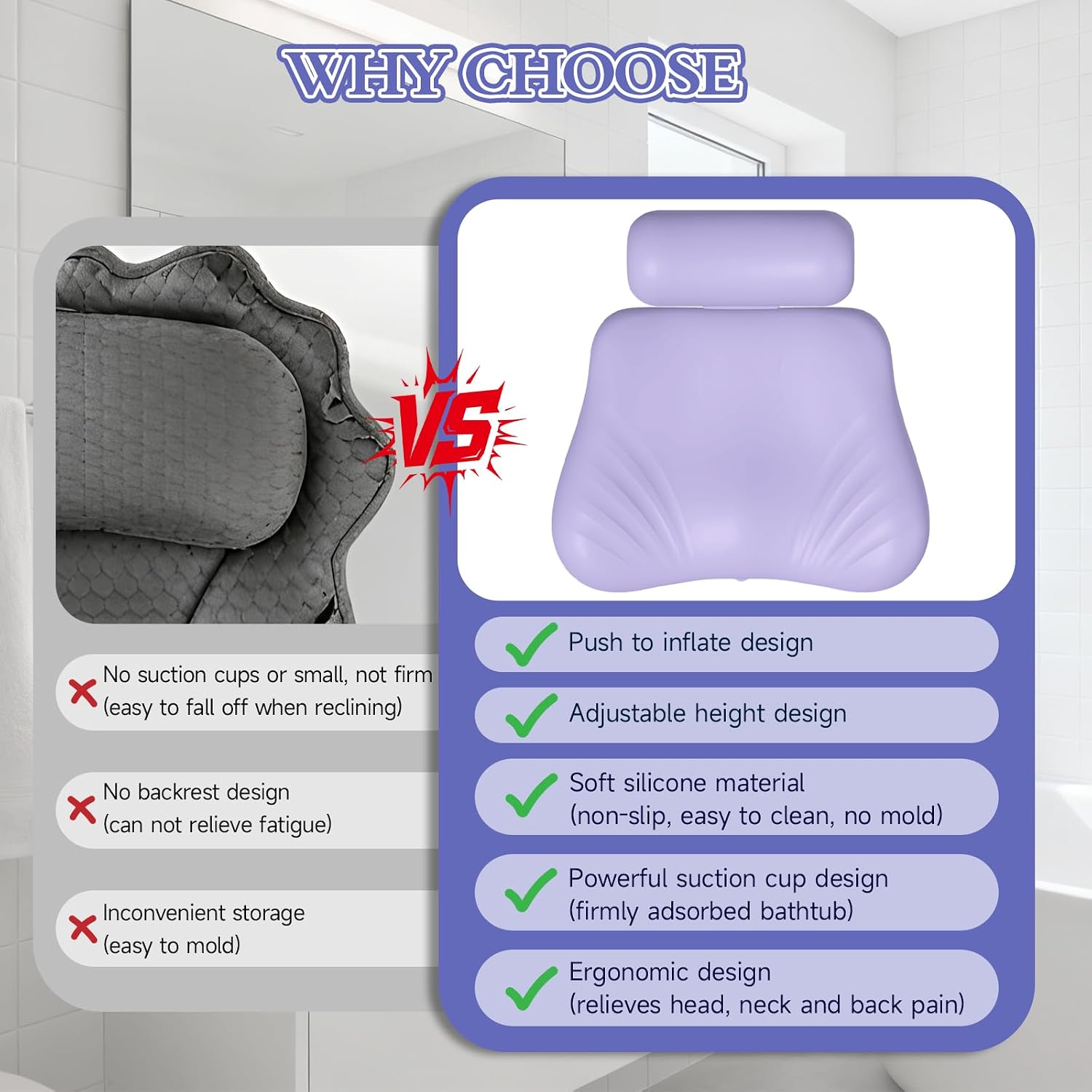 Silicone Bath Pillow, Upgraded Bath Pillows for Tub, Adjustable Height Bathtub Pillow for Head and Neck, 4D Luxury Tub Pillow Skin-Friendly Large Suction Cups Stability, Spa Relaxation-Purple