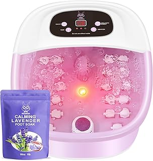 MoodRelish Foot Spa Bath Massager with Heat Bubbles and Vibration Massage and Jets, 16 OZ Calming Lavender Foot Soak Epsom Salt, Foot Soaker with Red Light, 22 Massage Rollers, Adjustable Temp - Pink