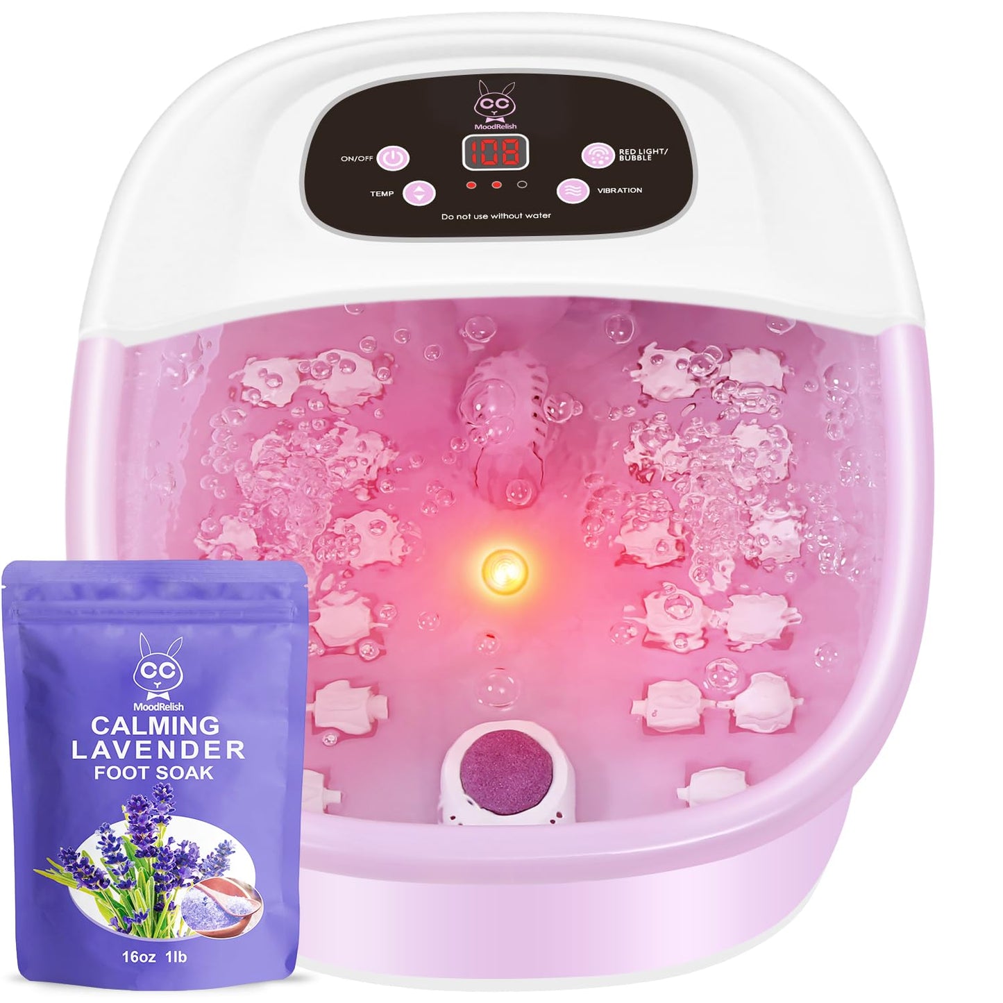 MoodRelish Foot Spa Bath Massager with Heat Bubbles and Vibration Massage and Jets, 16 OZ Calming Lavender Foot Soak Epsom Salt, Foot Soaker with Red Light, 22 Massage Rollers, Adjustable Temp - Pink