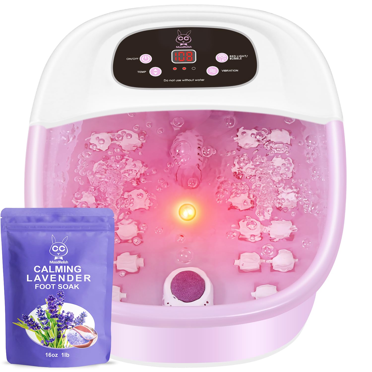MoodRelish Foot Spa Bath Massager with Heat Bubbles and Vibration Massage and Jets, 16 OZ Calming Lavender Foot Soak Epsom Salt, Foot Soaker with Red Light, 22 Massage Rollers, Adjustable Temp - Pink