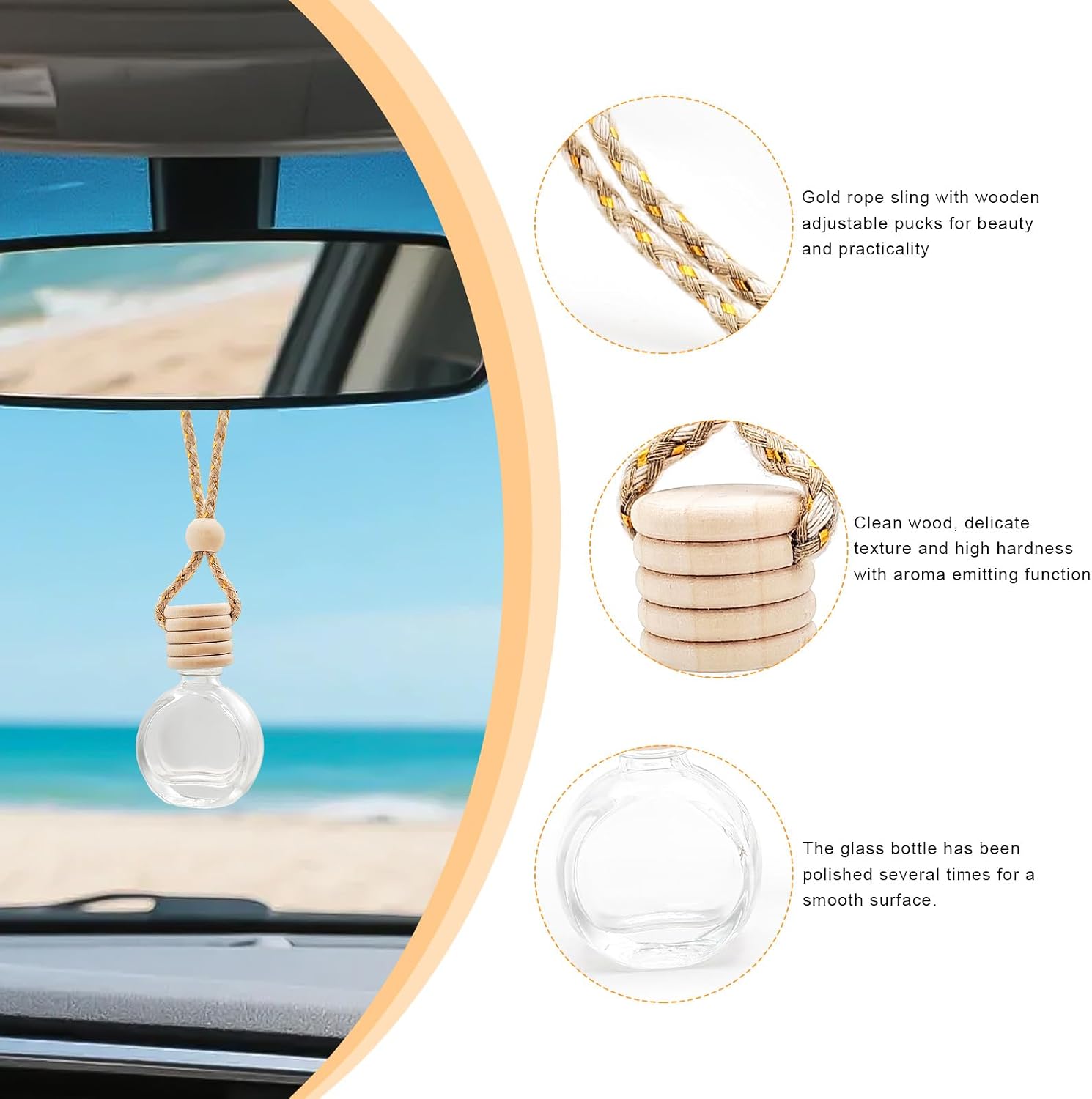 4 PCS Hanging Car Air Freshener, 10ml Empty Glass Perfume Bottle Pendant with Wooden Caps & Ropes, Essential Oil Fragrance Ornament Mini Interior Decoration for Most Vehicles (Oblate)
