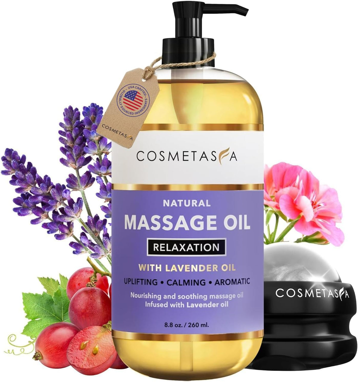 Cosmetasa Lavender Massage Oil for Massage Therapy with Roller - All Natural