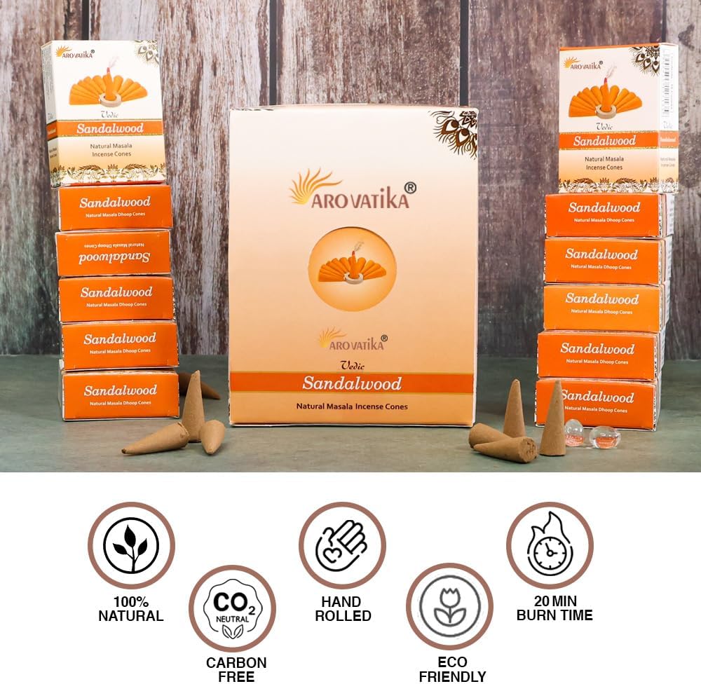 ARO VATIKA Vedic Sandalwood Natural Masala 120 Incense Cones in Pack of 12 Boxes |12 Assorted Fragrances Dhoop Cones | Best for Prayer, Reiki, Meditation and Relaxation | Burn time- 25 Mins