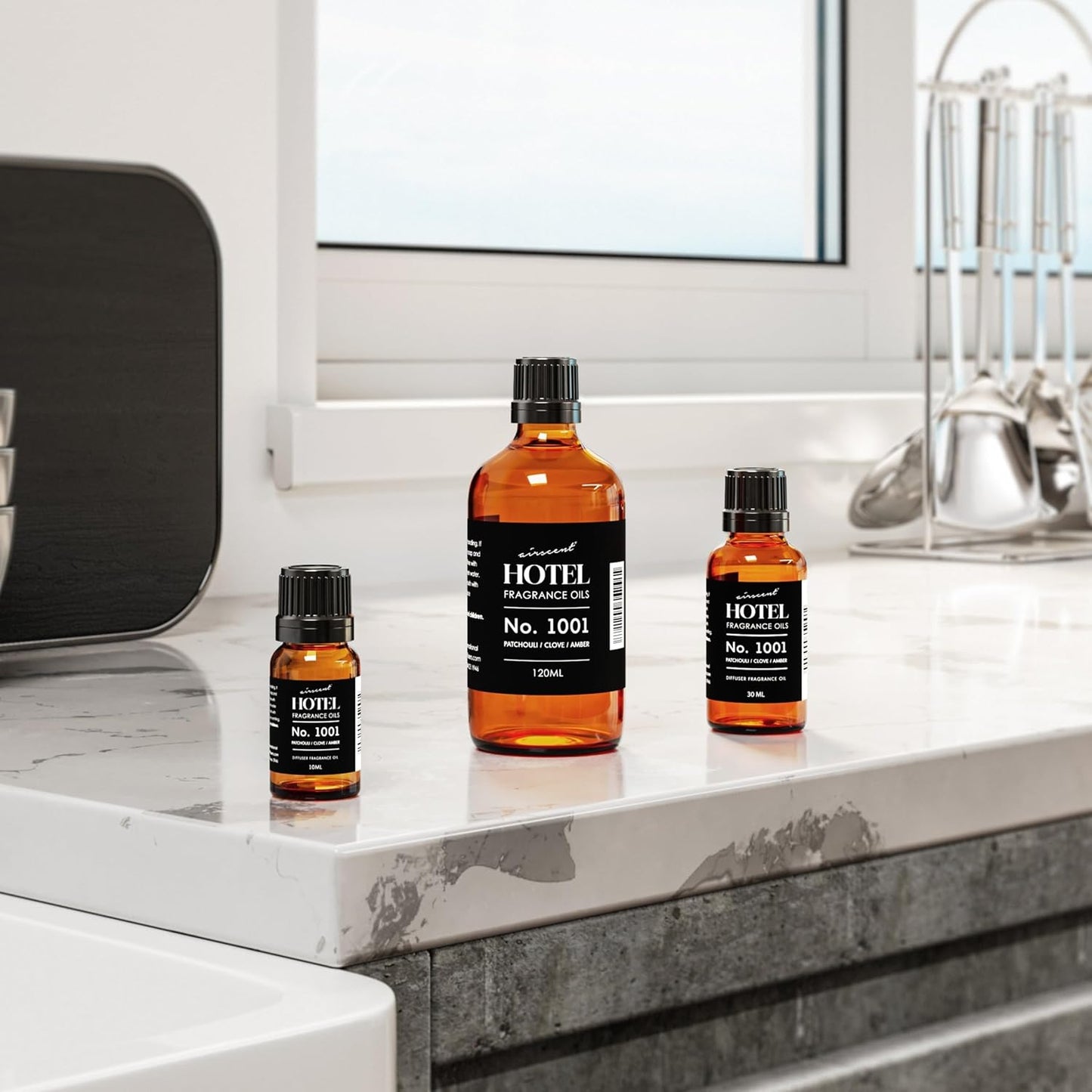 AirScent Hotel Diffuser Oil No. 1001 - Patchouli Clove Amber - Hotel Scent Dupe - Premium Fragrance Oil for Ultrasonic and Waterless Diffusers- 120 mL, 4 fl oz Glass Dropper Bottle