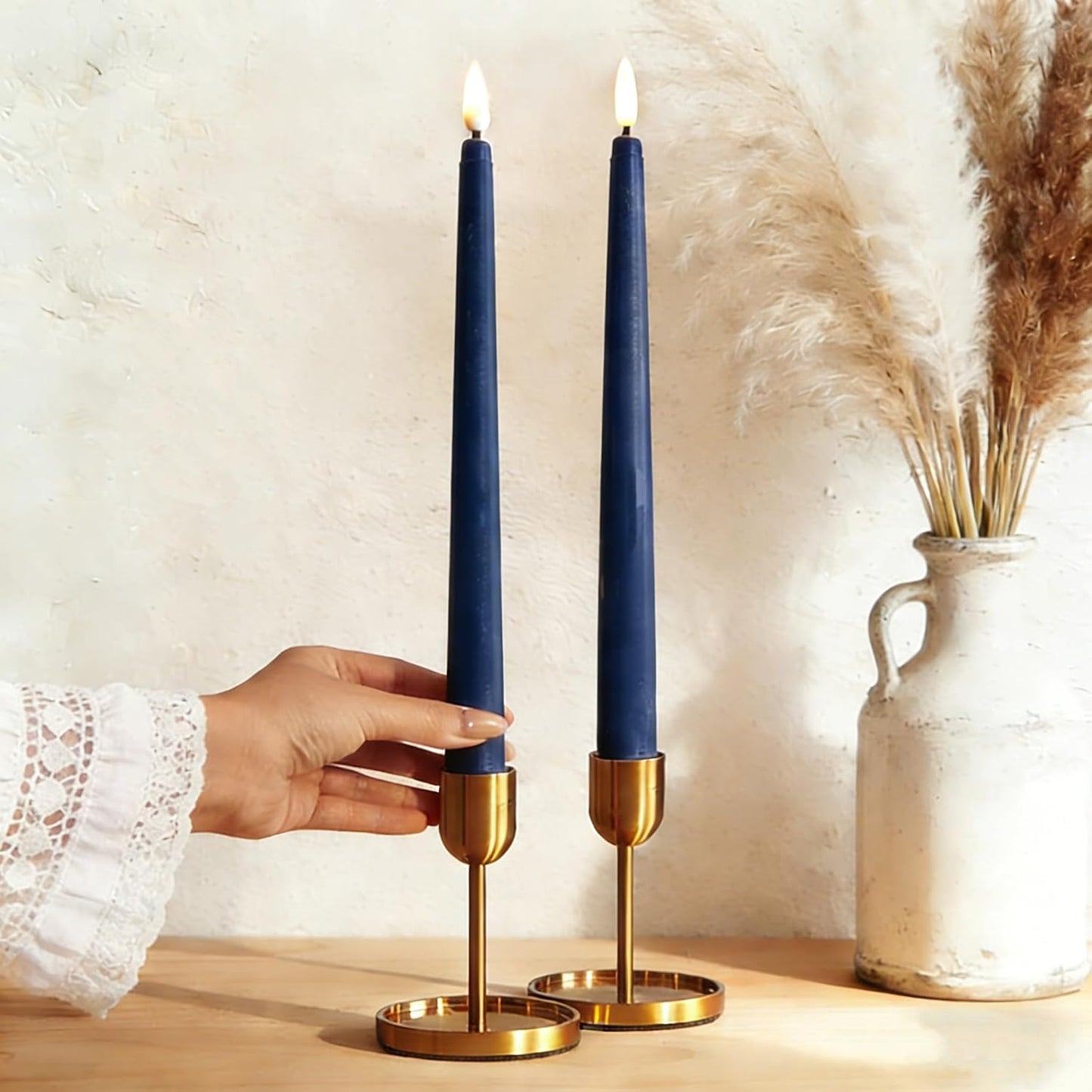 Navy Blue Flameless Taper Candles with Remote Timer, Flickering Battery Operated LED Candlesticks Home Decor Set of 12