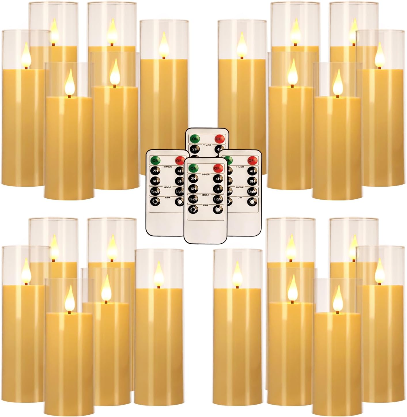 24-Pack LED Flameless Candles(14/16/18cm) with 4 Timers Remote - 3D Flickering Flame, Clear, Perfect Decor for Home & Events.
