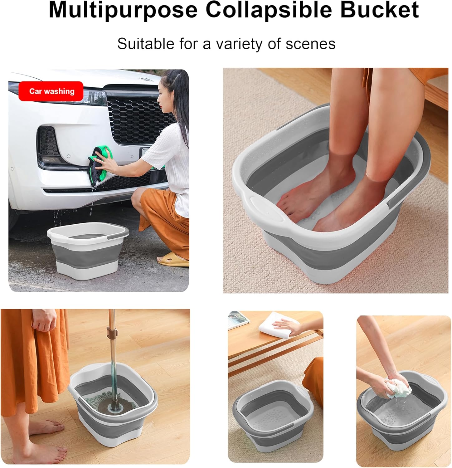 Collapsible Foot Soak Tub 15L(4 GL) with Handle, Bath Massager for Dry Cracked Feet, Plastic Grey Foot Bucket