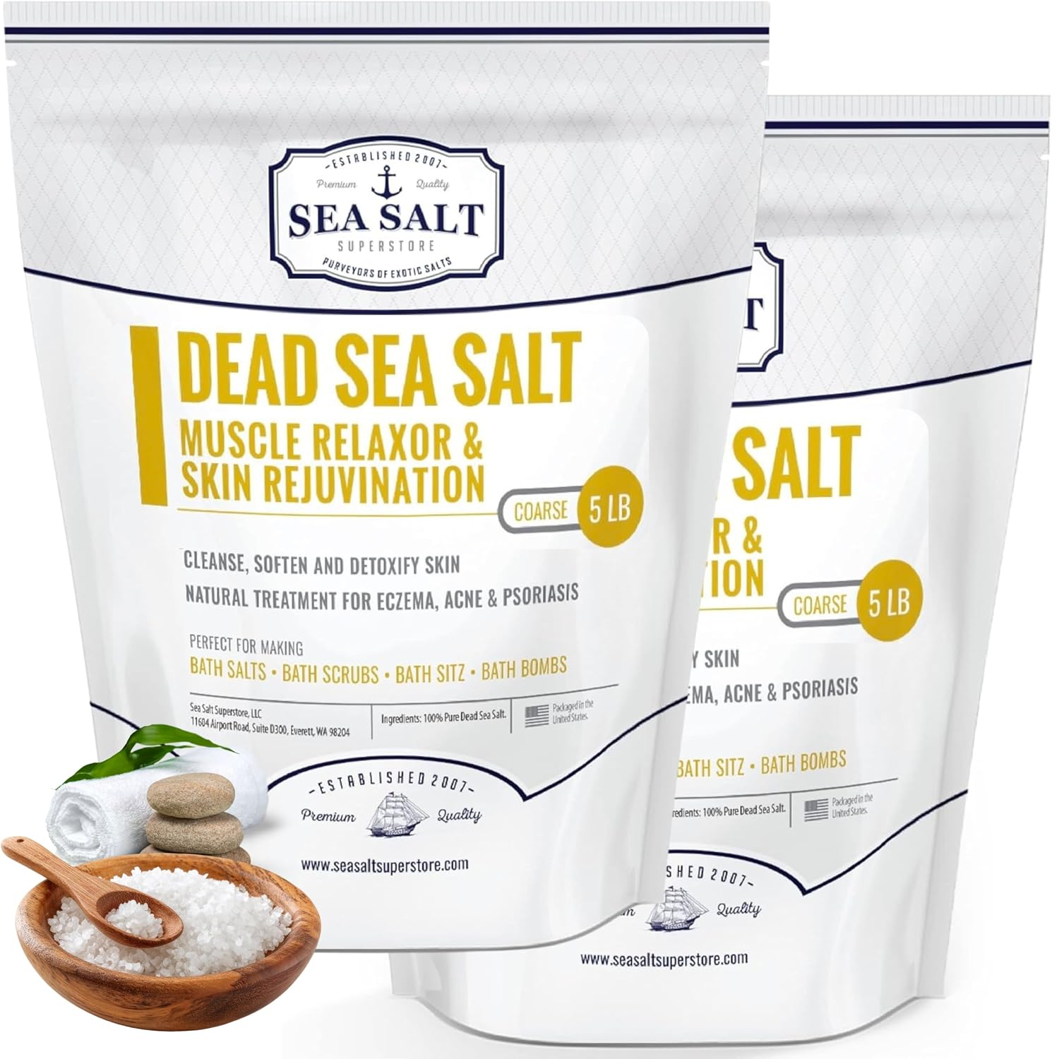 Sea Salt Superstore Natural Dead Sea Salt for Soaking - Coarse Grain Mineral Bath Salts from Israel Supporting Muscle Relaxation & Skin Rejuvenation - Home Spa Essentials - 5Lb Bag, 2 Pack