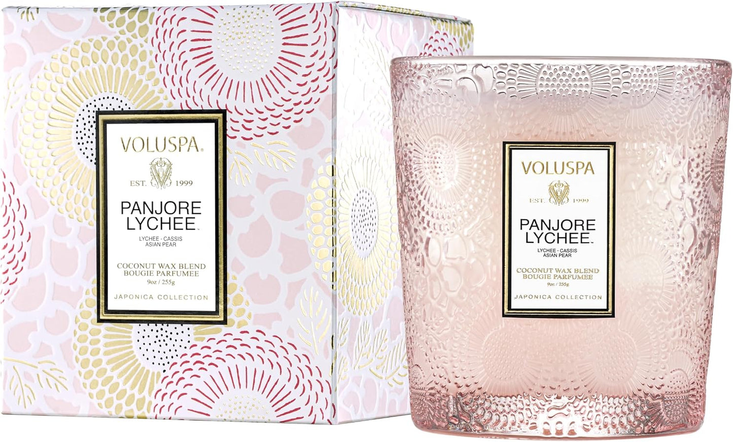 Voluspa Panjore Lychee, Classic Boxed Candle, 9 Ounce, 60 Hour Burn Time, Coconut Wax for Clean Burning, Handcrafted in the USA