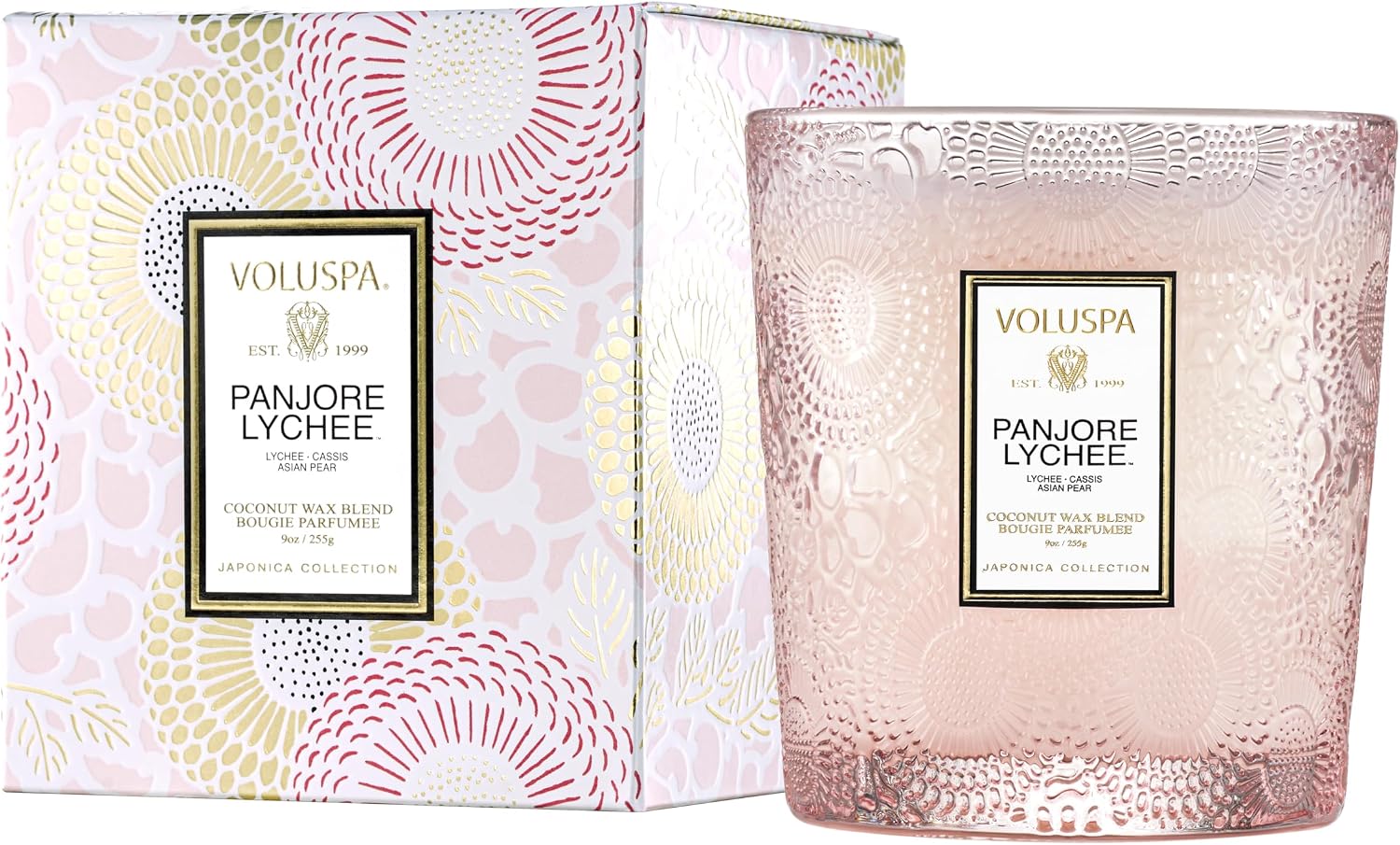 Voluspa Panjore Lychee, Classic Boxed Candle, 9 Ounce, 60 Hour Burn Time, Coconut Wax for Clean Burning, Handcrafted in the USA