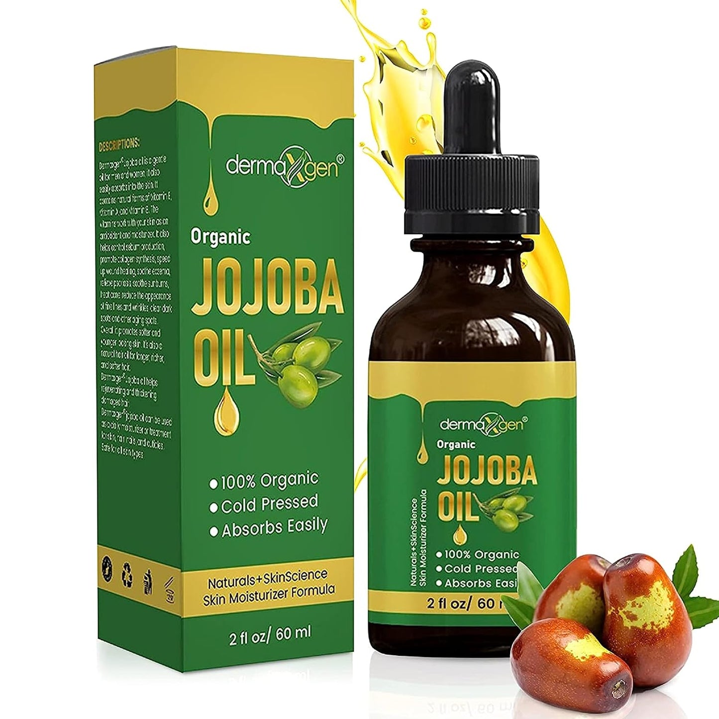 Jojoba Oil -100% Organic & Cold Pressed Oil - Anti-Aging Moisturizing Treatment for Face, Hair, Skin & Nails, Acne Scars, Anti-Wrinkle. (2 FL OZ)
