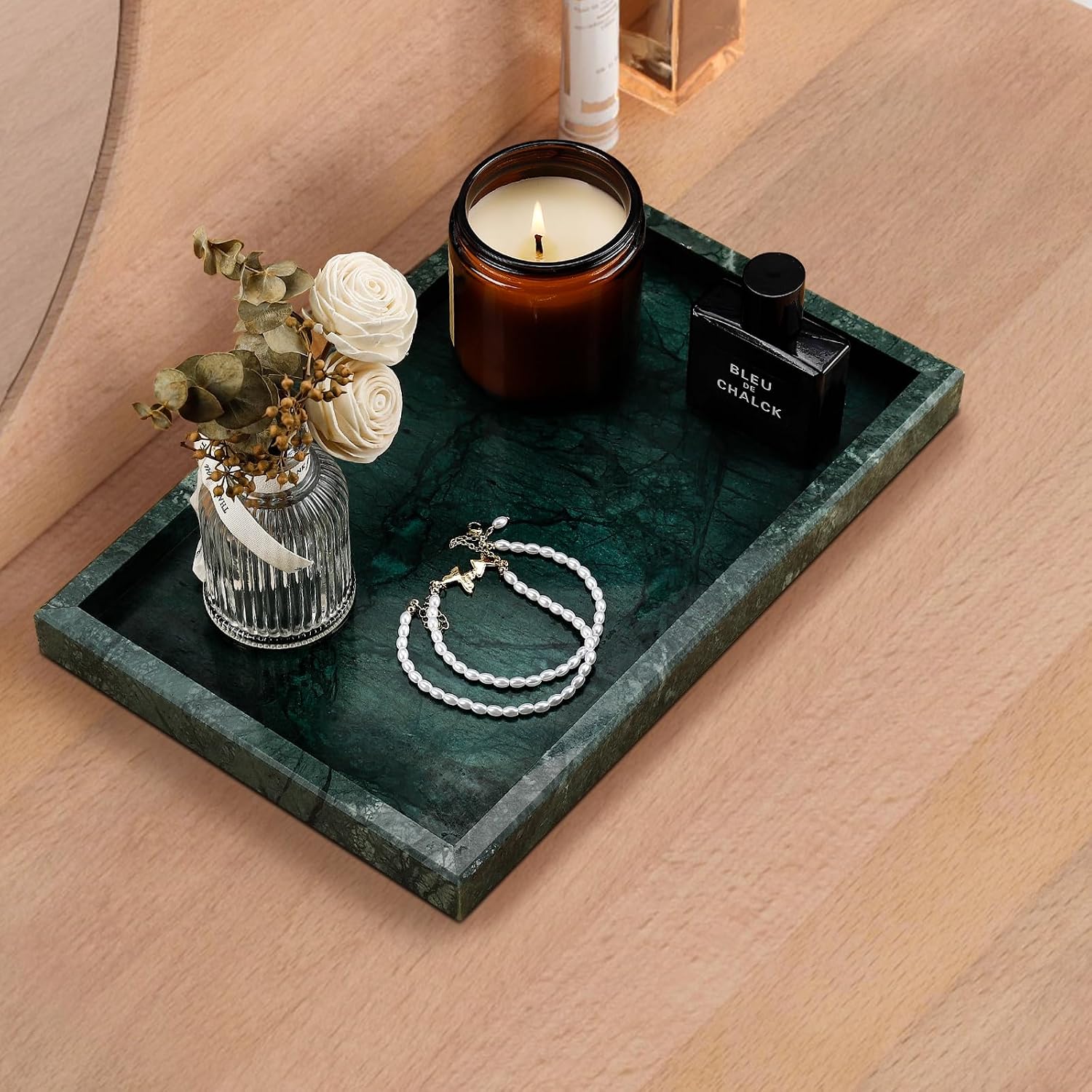 Real Natural Marble Tray for Bathroom, Vanity, Kitchen and Desktop, Rectangle Genuine Marble Stone Tray for Jewelry, Cosmetics, Candles, Lotion, Perfume and Home Decor