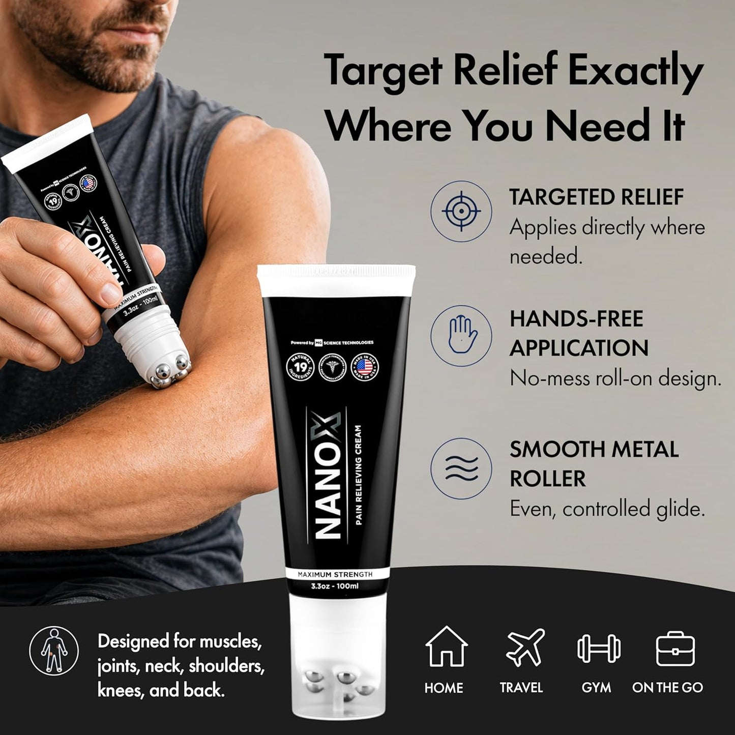 NANOXTREME Pain Relief Cream – Fast-Acting Topical for Muscle Deep-Absorbing, Long Lasting Formula with Natural Ingredients – Cooling Sensation – 3.3oz Roll-on – Made in USA