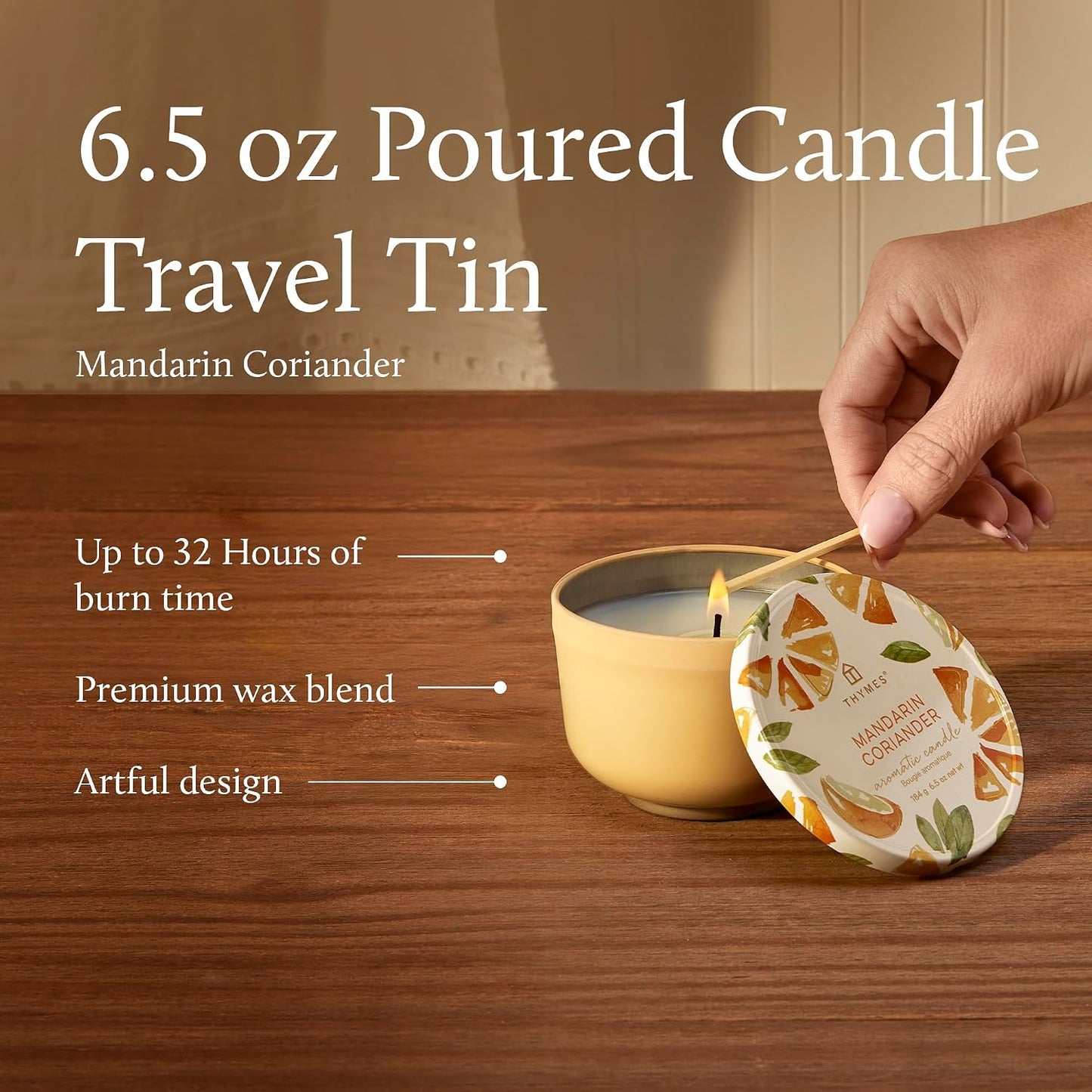 Thymes Scented Candles for Women & Men – Tin with Lid – Luxury Home Decor – Citrus Candle with Notes of Mandarin Oil, Coriander, Grapefruit, Lemon Balm & Green Ivy (Mandarin Coriander, 6.5 oz)