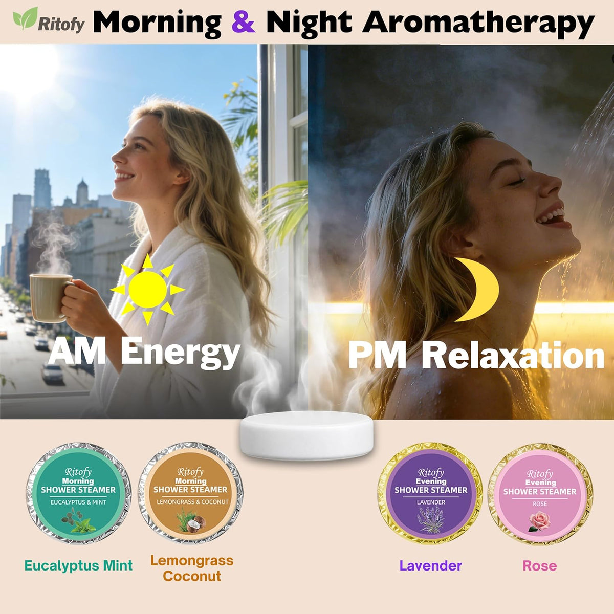 Shower Steamers Aromatherapy AM &amp; PM, 12 Pack Individually Wrapped Long-Lasting Aroma Shower Bombs Tablets Set, Gift for Women, Self Care Lavender, Rose, Lemongrass Coconut, Eucalyptus Mint