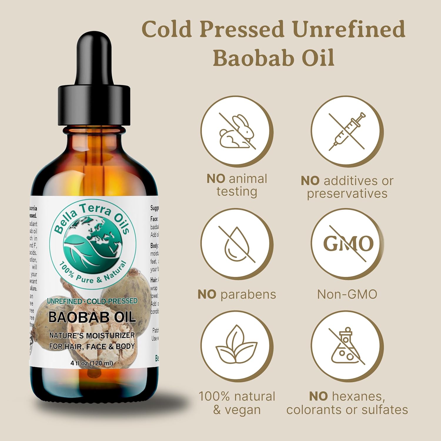 Bella Terra Oils - Baobab Oil 4 oz - Dive into the Essence of African Treasure, Abundant in Antioxidants, Best for Achieving a Silky Skin Glow