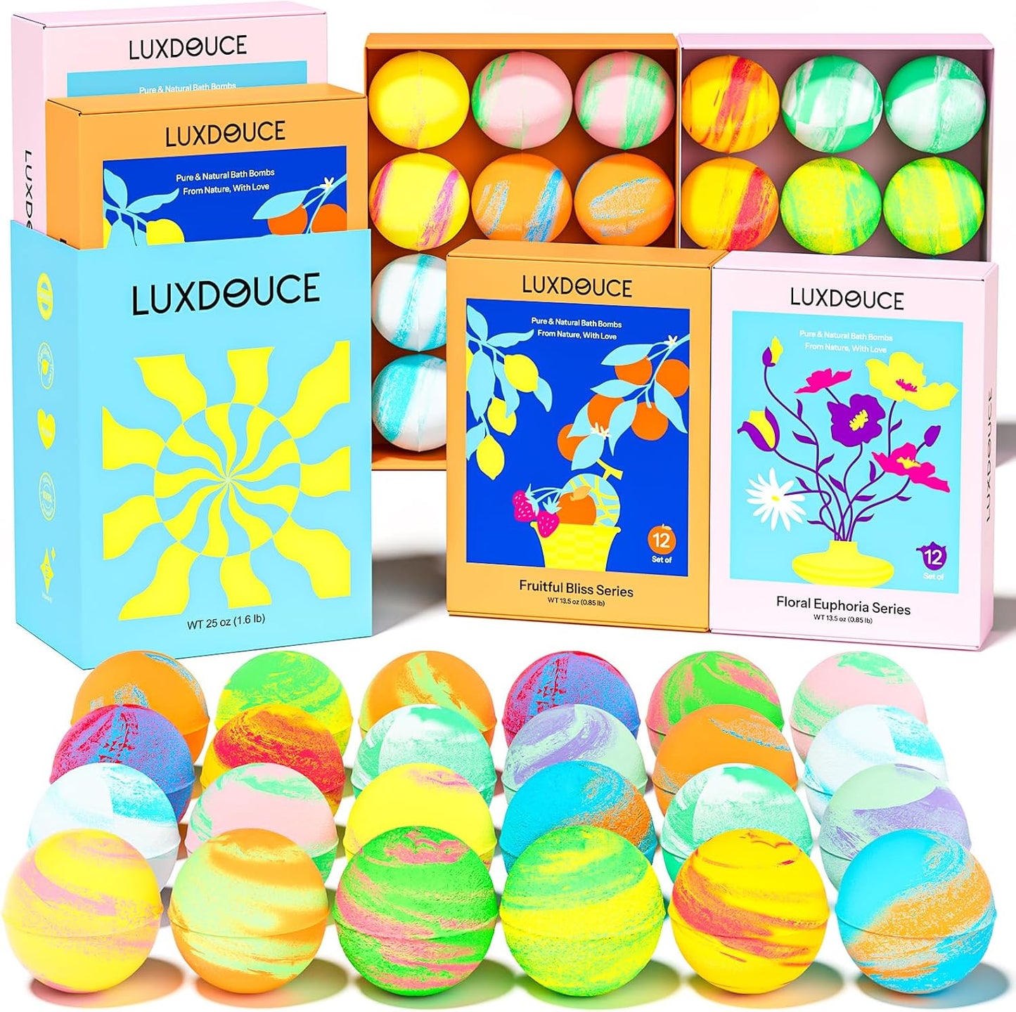 Bath Bombs Gift Se, 24 Pack Bubble Bombs with 12 Unique Scents, Floral & Fruity Collections, Skin-Soothing & Mood-Enhancing, Spa Gifts for Women, Wife, Stress Relief & Relaxation