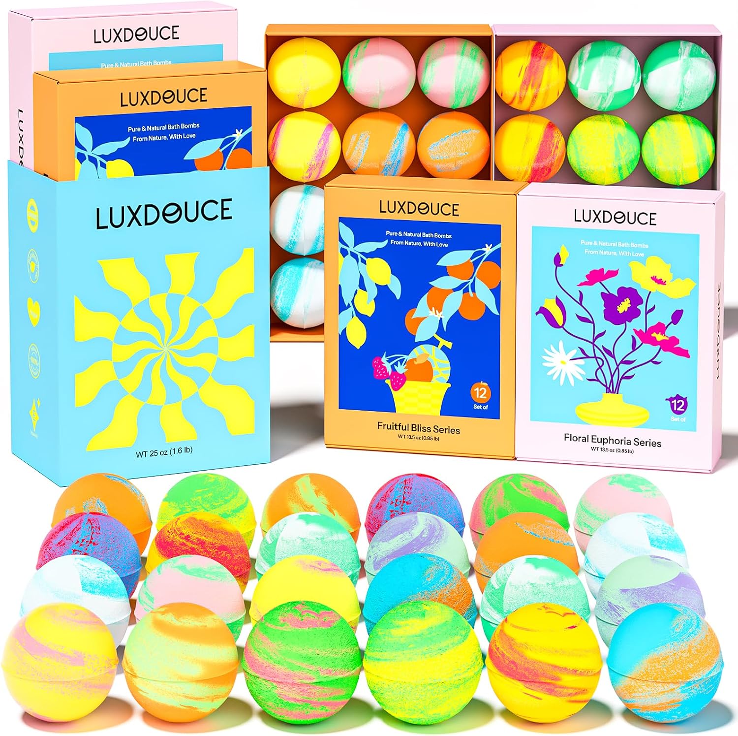 Bath Bombs Gift Se, 24 Pack Bubble Bombs with 12 Unique Scents, Floral & Fruity Collections, Skin-Soothing & Mood-Enhancing, Spa Gifts for Women, Wife, Stress Relief & Relaxation