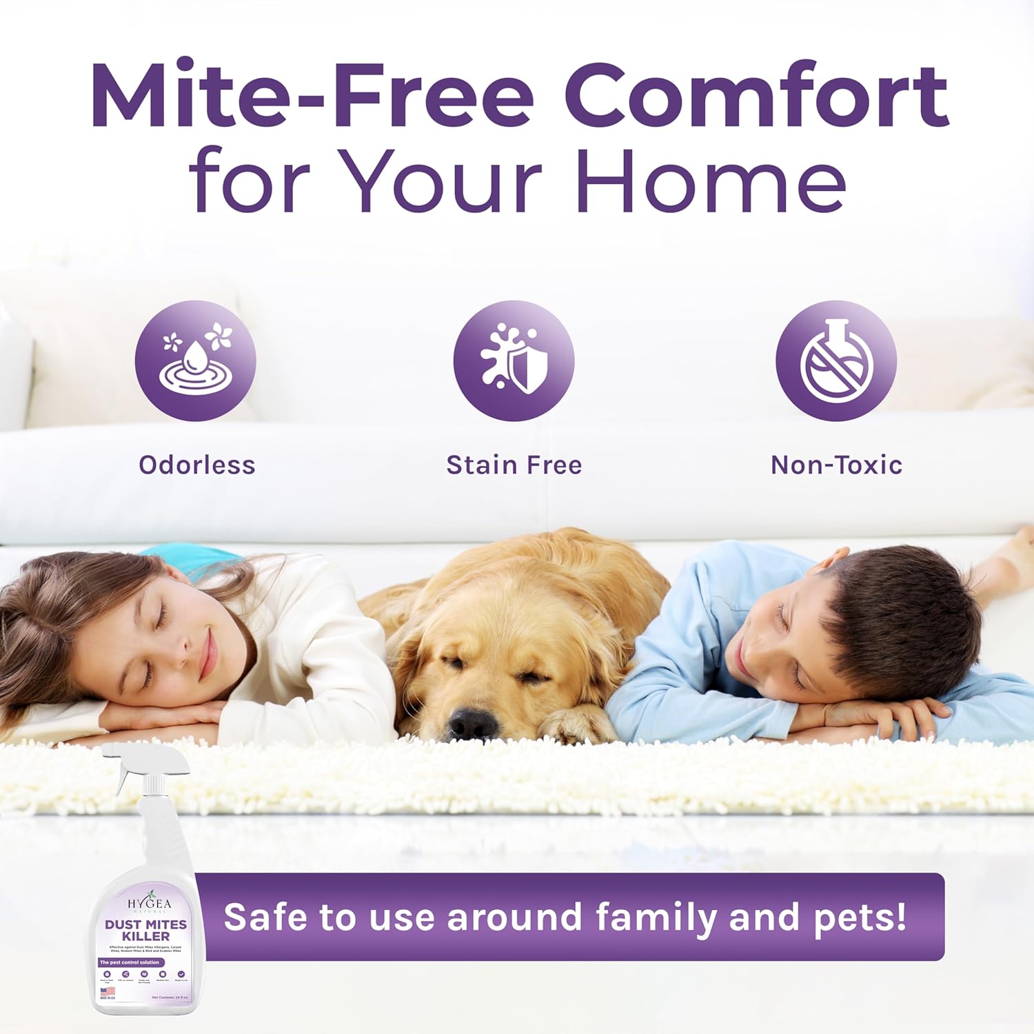 Hygea Natural Dust Mite Killer Spray - Eliminates Dust, Carpet, Rodent, Bird, Mites - Safe for Home, Children, Pets, Bedding & Furniture, 24 oz, Unscented