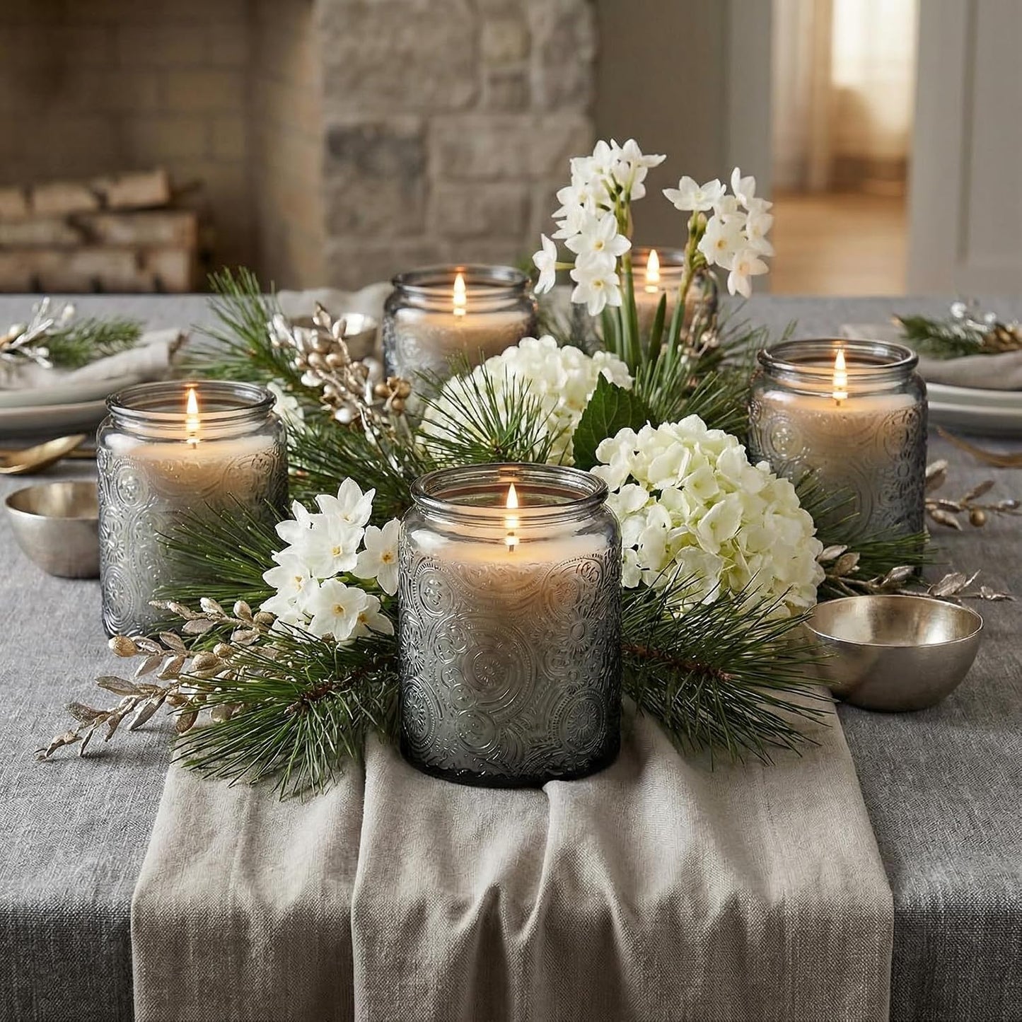 8 oz Gray Sun Moon Stars Candle Jars with Bamboo Lids, 9 Pack | Patented Embossed Design, Includes Wick Centering Devices & Warning Labels, Multiple Color Options