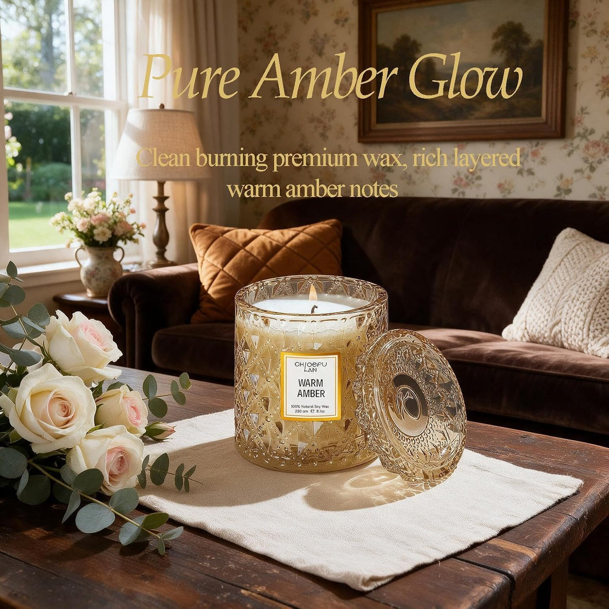 Chloefu LAN Amber Candles, Luxury Candle for Home Scented, Long Burning Time, Holiday Gifts, All Natural Soy Wax Decorative Candles, Scented Candle Gifts for Men&amp;Women, 8.1oz