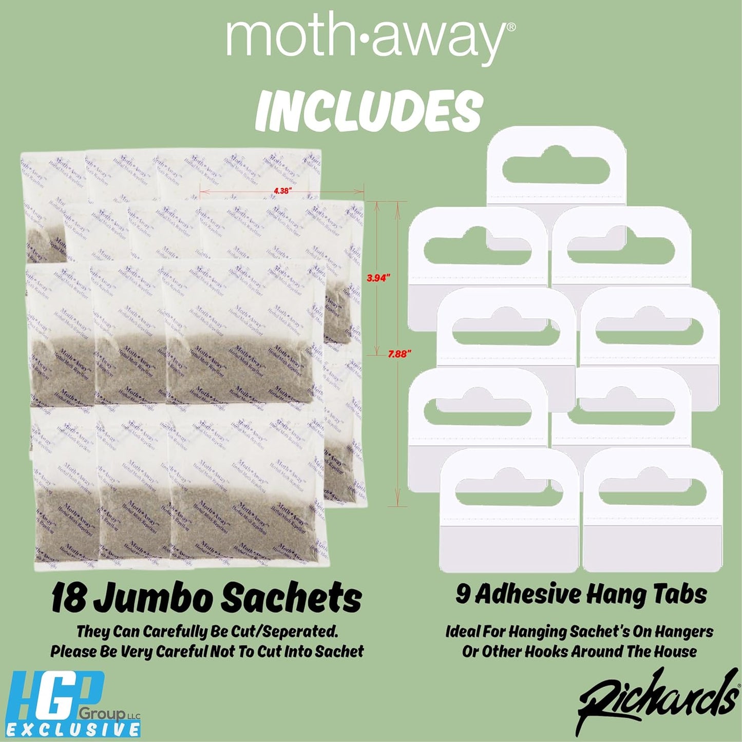 Richards Homewares Moth Away Herbal Repellent – 18 Jumbo Sachets with Hanging Hooks, All-Natural & Non-Toxic Moth Protection, Fresh Mint Scent, Made in USA