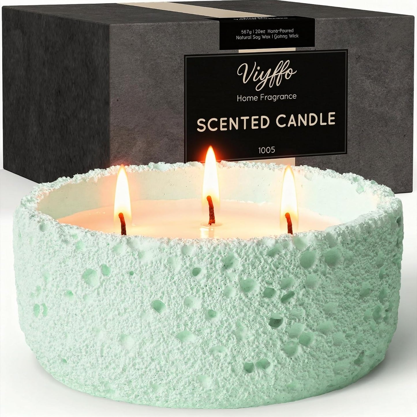 Viyffo 3 Wick Large 20oz Eucalyptus & Peppermint Scented Candle, Non Toxic Soy Candle for Women & Men, Matte Mint Green Ceramic Jar Perfect Luxury Home Fragrance, Elegant Spring Décor & Gift