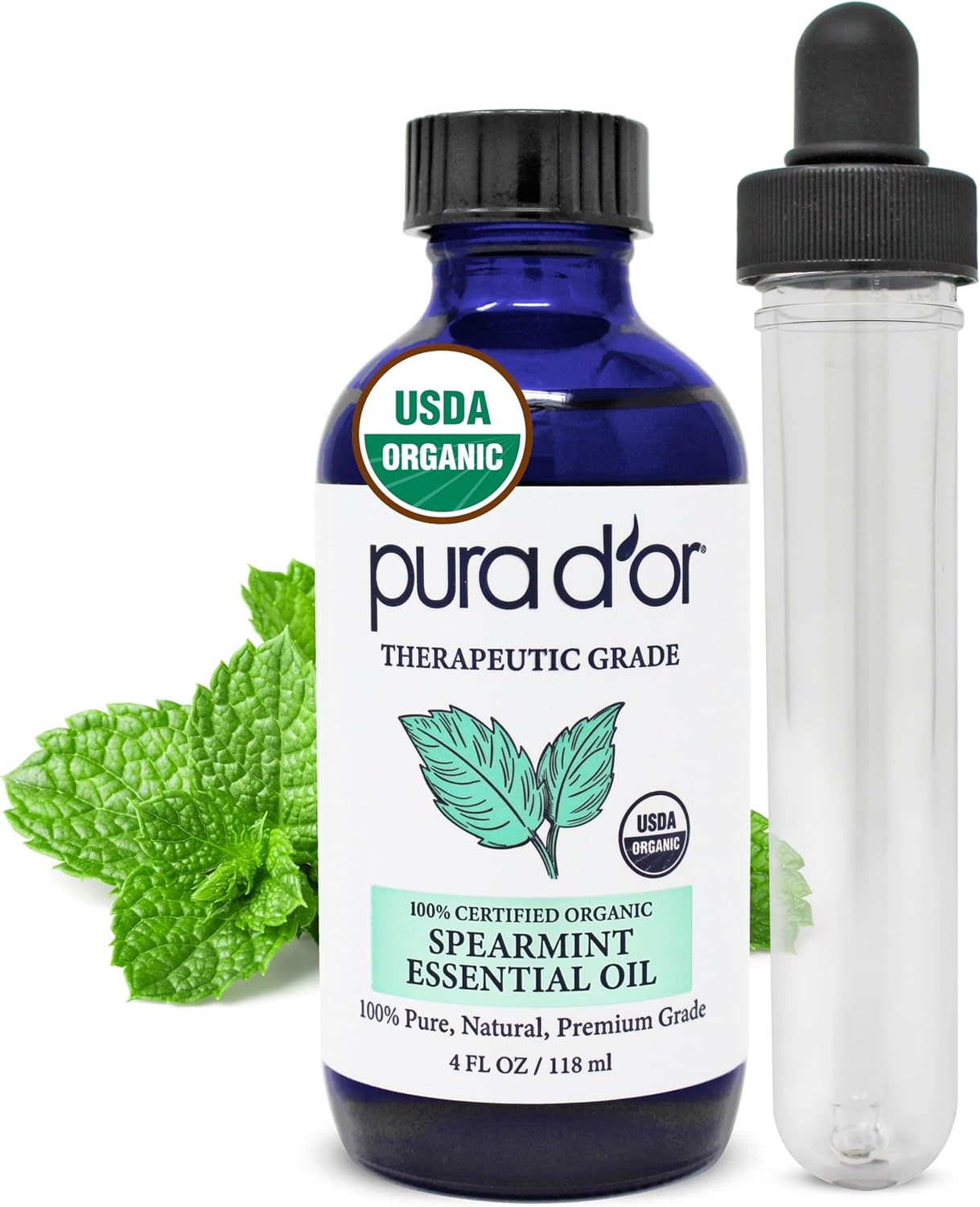PURA D'OR Organic Spearmint Essential Oil (4oz with Glass Dropper) USDA Certified 100% Pure & Natural Therapeutic Grade Diffuser for Aromatherapy, Focus, Concentration, Mood Uplift