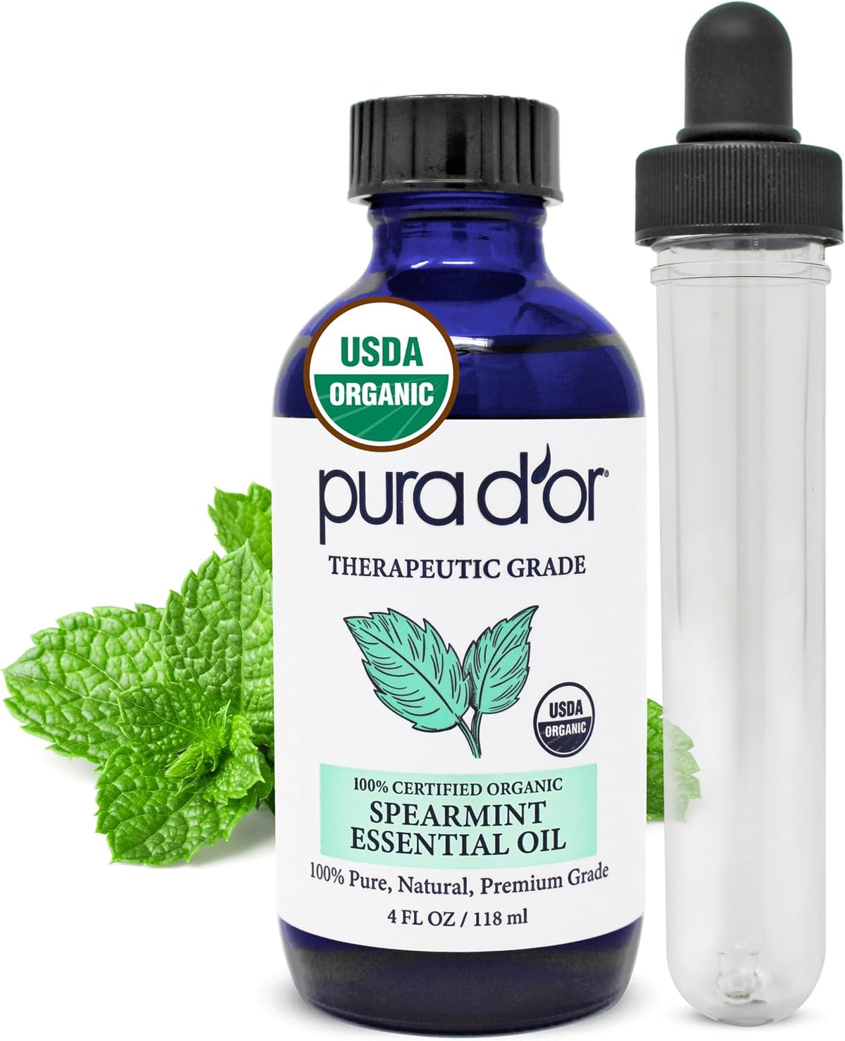 PURA D'OR Organic Spearmint Essential Oil (4oz with Glass Dropper) USDA Certified 100% Pure & Natural Therapeutic Grade