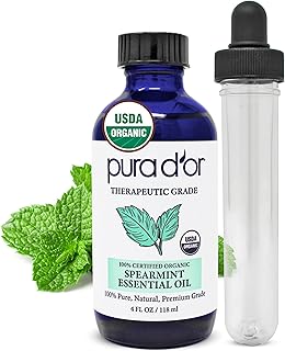 PURA D'OR Organic Spearmint Essential Oil (4oz with Glass Dropper) USDA Certified 100% Pure & Natural Therapeutic Grade Diffuser for Aromatherapy, Focus, Concentration, Mood Uplift