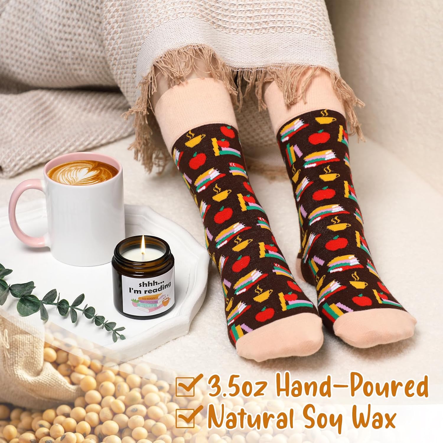 Tuitessine Book Lovers Gifts for Women Teacher Appreciation Gifts Box Inclueds Comfy Socks Mugs Book Mark Book Page Holder Candle Present for Readers