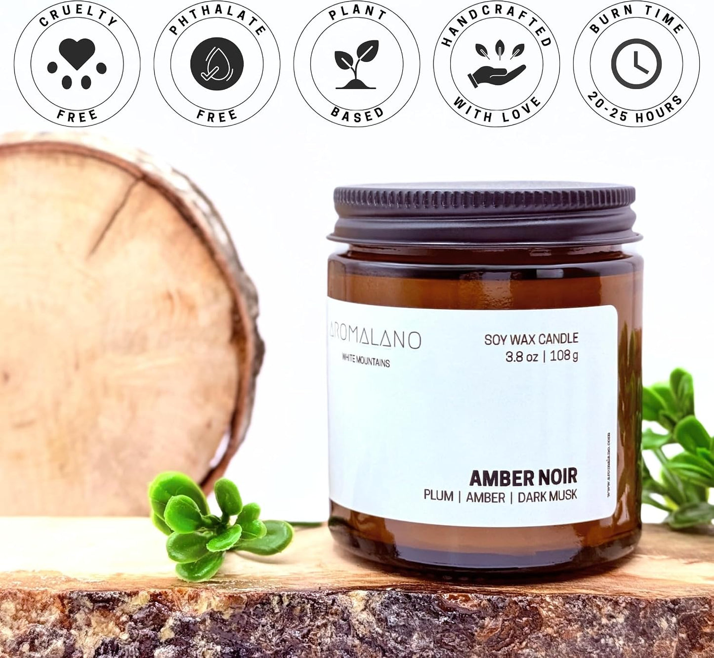 Hand-Poured Scented Soy Candle, Amber Glass Jar with Cotton Bag, 3.8 oz (Amber Noir: Plum, Amber, Dark Musk)