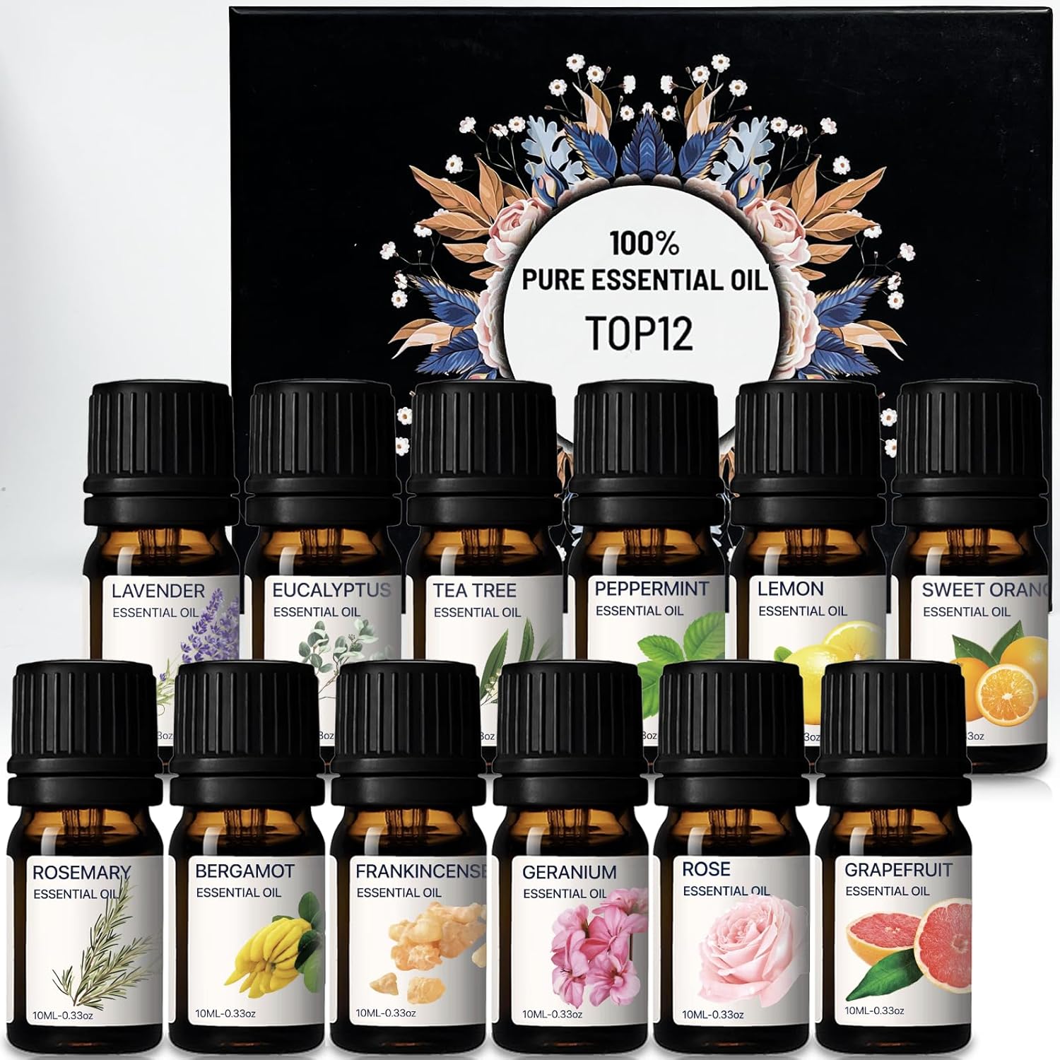 Essential Oils Set 100% Pure Oils Top 12 Oils Gift Kit for Diffuser Home Lavender,Peppermint,Eucalyptus,Lemongrass,Orange,Rosemary,Grapefruit,Frankincense,Geranium,Rose,Bergamot 12x10ml